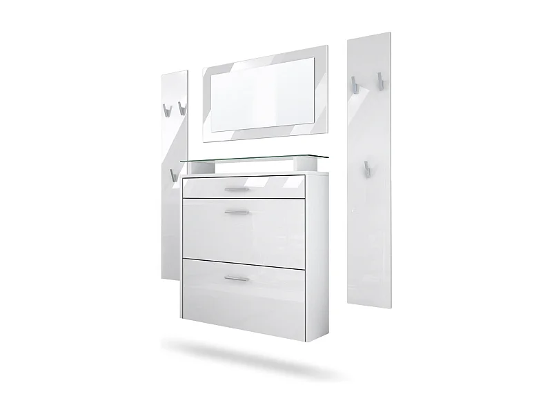 Penderie Malea, Meuble d’entrée comprenant 1 commode à chaussures murale, 1 miroir mural et 2 panneaux porte-manteaux, Blanc mat/Blanc haute brillance