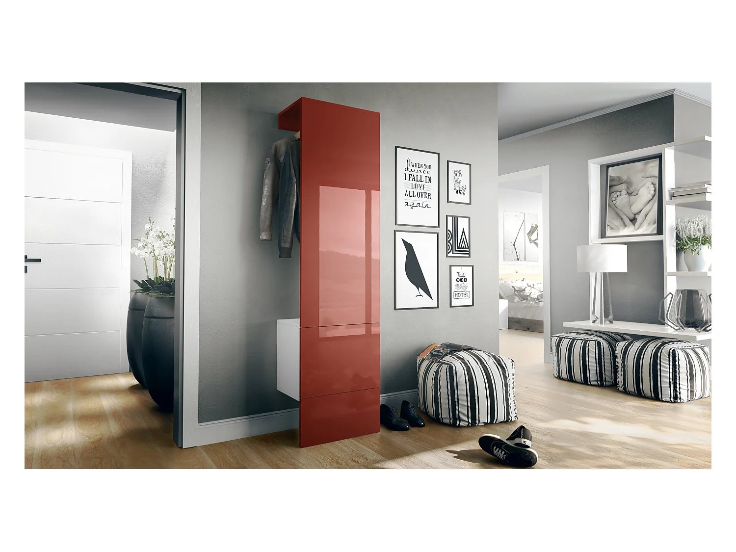 Ensemble d'entrée  Hollywood, comprenant 1 panneau de vestiaire mural, 1 tringle à vêtements et 1 ensemble de panneaux muraux, blanc mat/bordeaux brillant