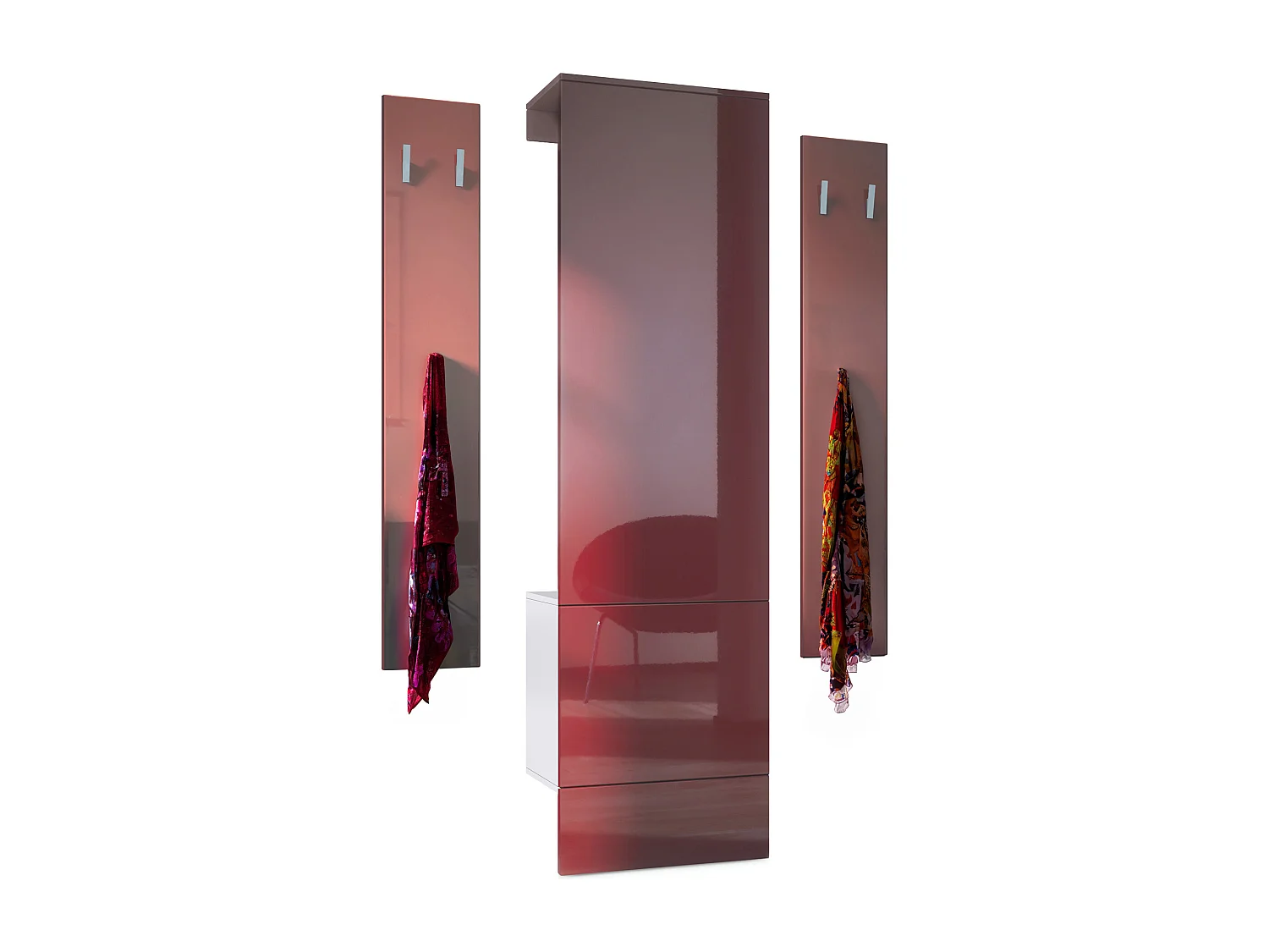 Ensemble d'entrée  Hollywood, comprenant 1 panneau de vestiaire mural, 1 tringle à vêtements et 1 ensemble de panneaux muraux, blanc mat/bordeaux brillant