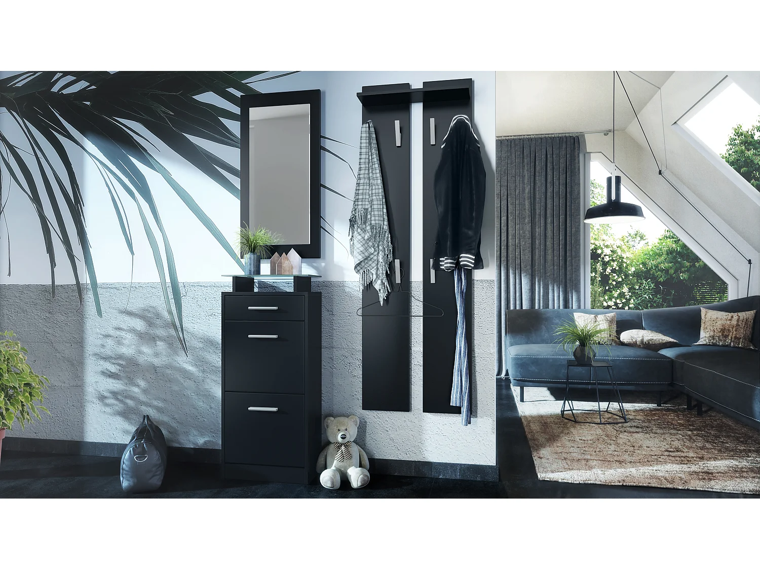 Ensemble de meubles d'entrée Loret V2 Mini, Corps en Noir mat / Façades en Noir mat