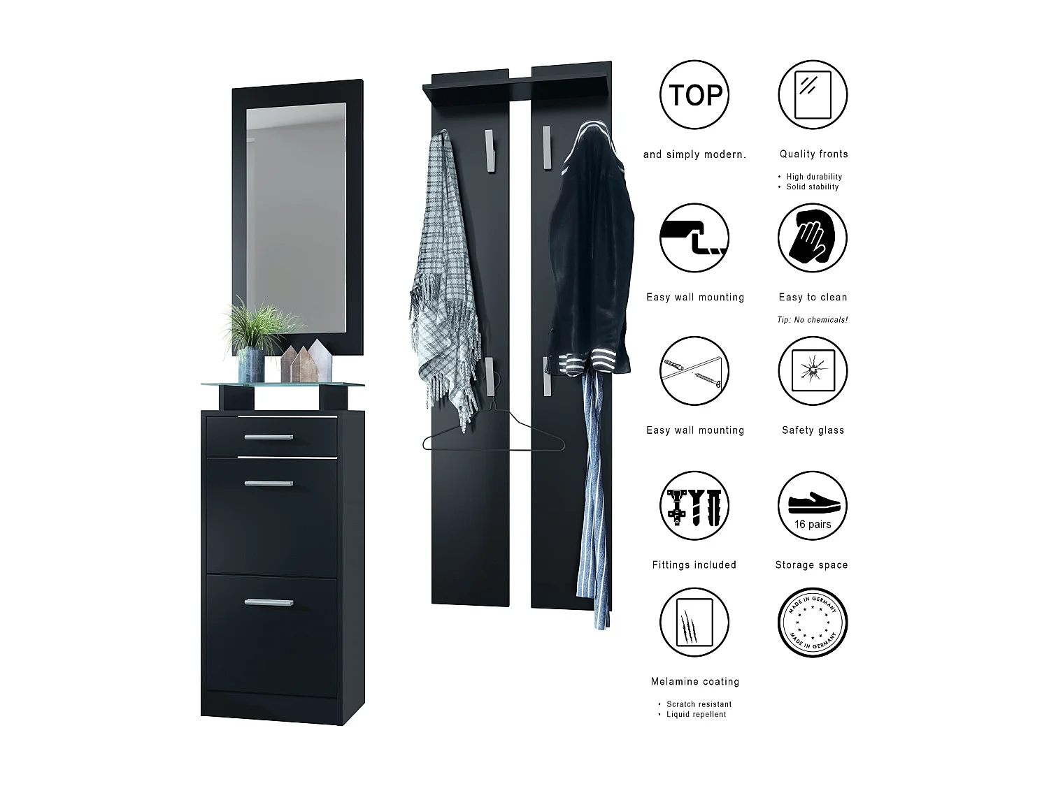 Ensemble de meubles d'entrée Loret V2 Mini, Corps en Noir mat / Façades en Noir mat