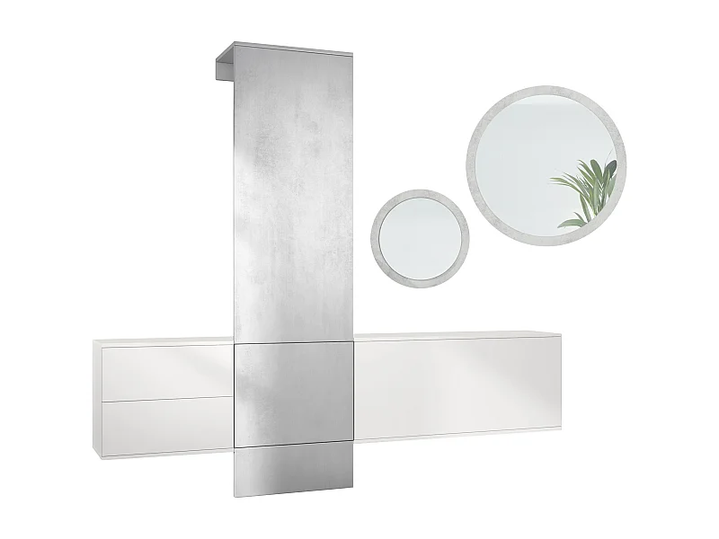 Ensemble de garde-robe  DualVista, composé de 1 panneau de porte-manteau, 1 armoire à tiroirs, 1 module de rangement et 2 miroirs, blanc mat/aspect béton oxyde