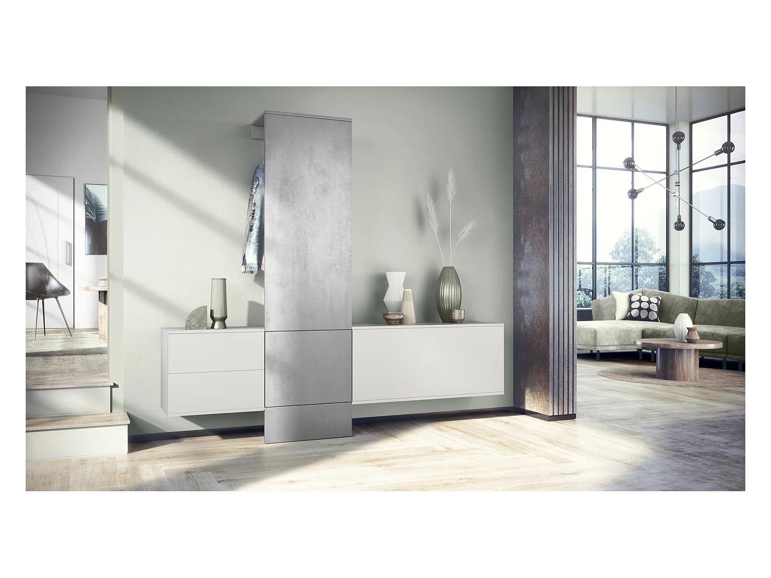 Ensemble de garde-robe  DualVista, composé de 1 panneau de porte-manteau, 1 armoire à tiroirs, 1 module de rangement et 2 miroirs, blanc mat/aspect béton oxyde