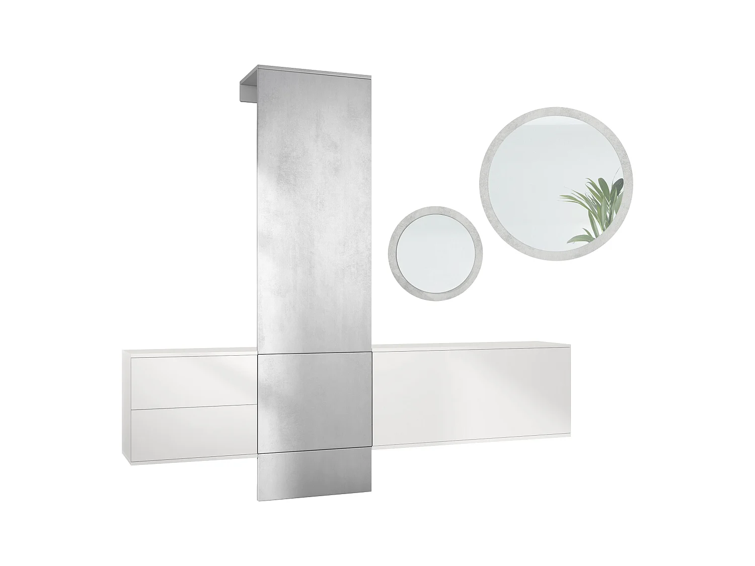 Ensemble de garde-robe  DualVista, composé de 1 panneau de porte-manteau, 1 armoire à tiroirs, 1 module de rangement et 2 miroirs, blanc mat/aspect béton oxyde