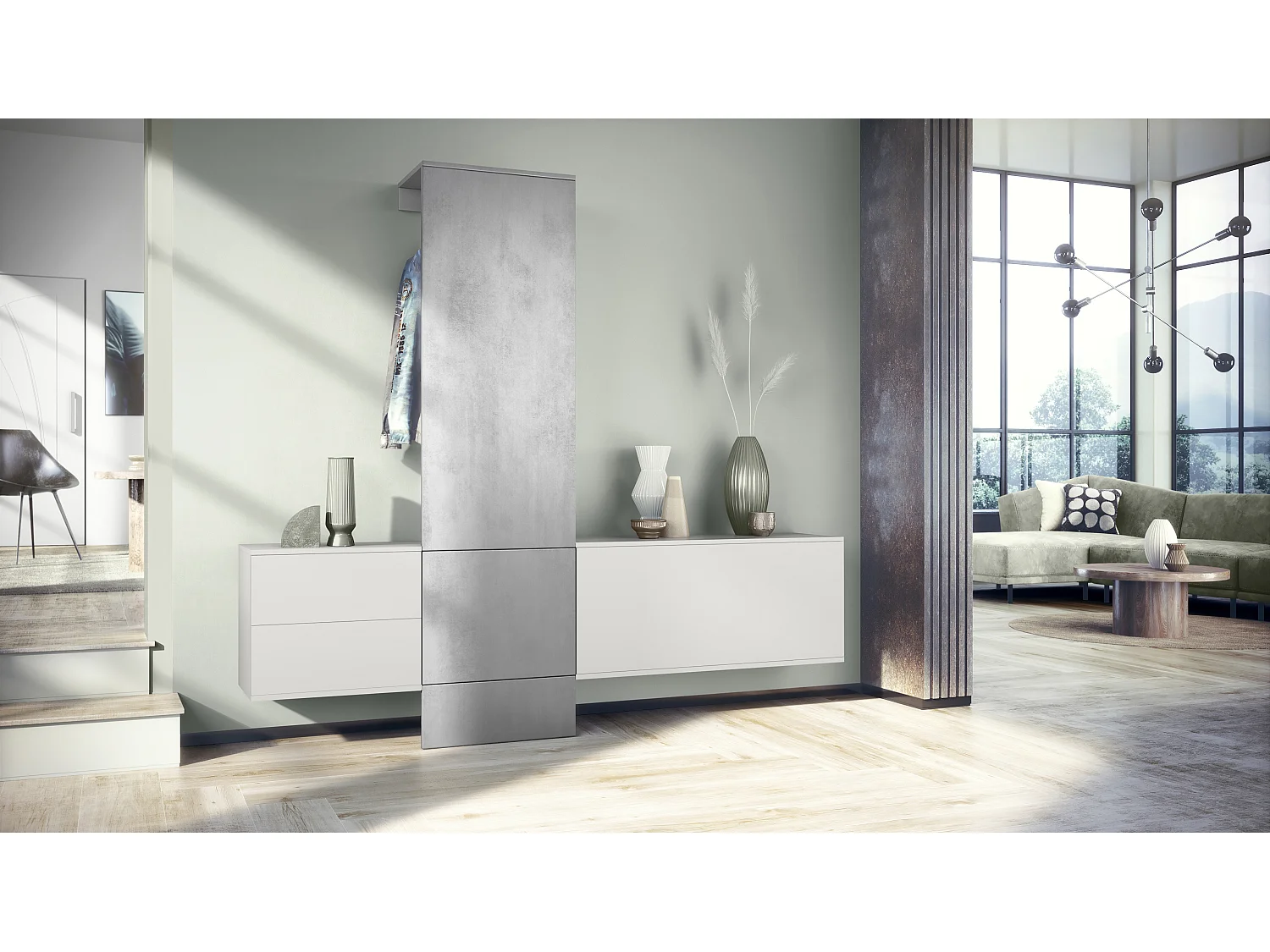 Ensemble de garde-robe  DualVista, composé de 1 panneau de porte-manteau, 1 armoire à tiroirs, 1 module de rangement et 2 miroirs, blanc mat/aspect béton oxyde