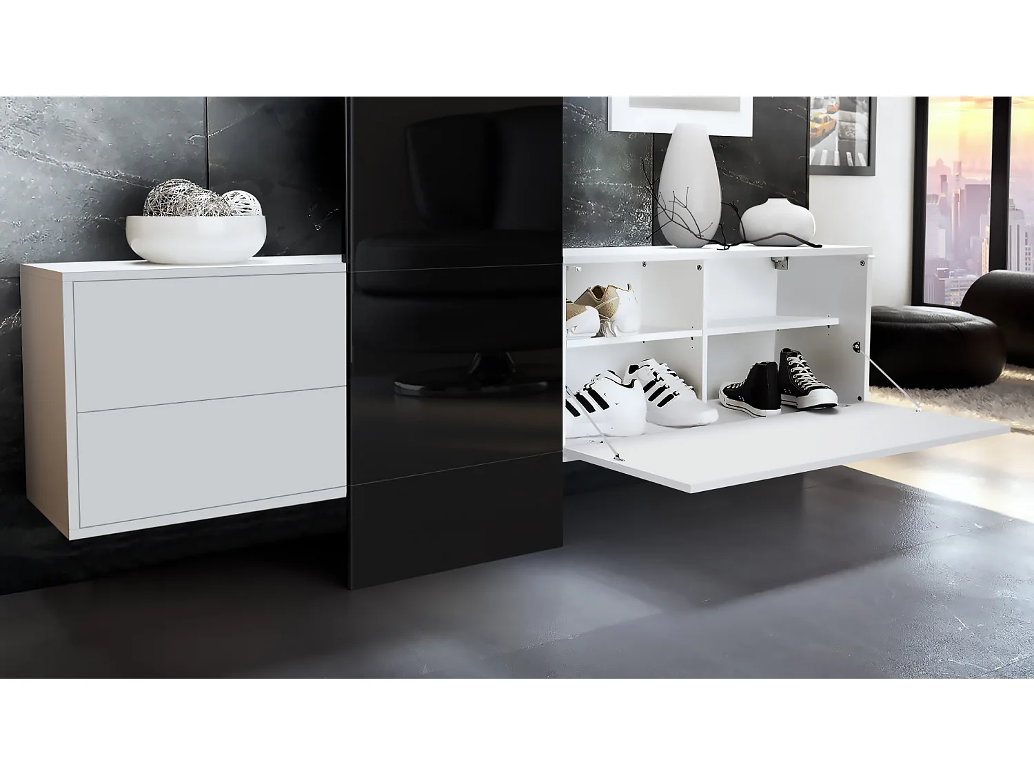 Ensemble de garde-robe  DualVista, composé de 1 panneau de porte-manteau, 1 armoire à tiroirs, 1 module de rangement et 2 miroirs, blanc mat/aspect béton oxyde