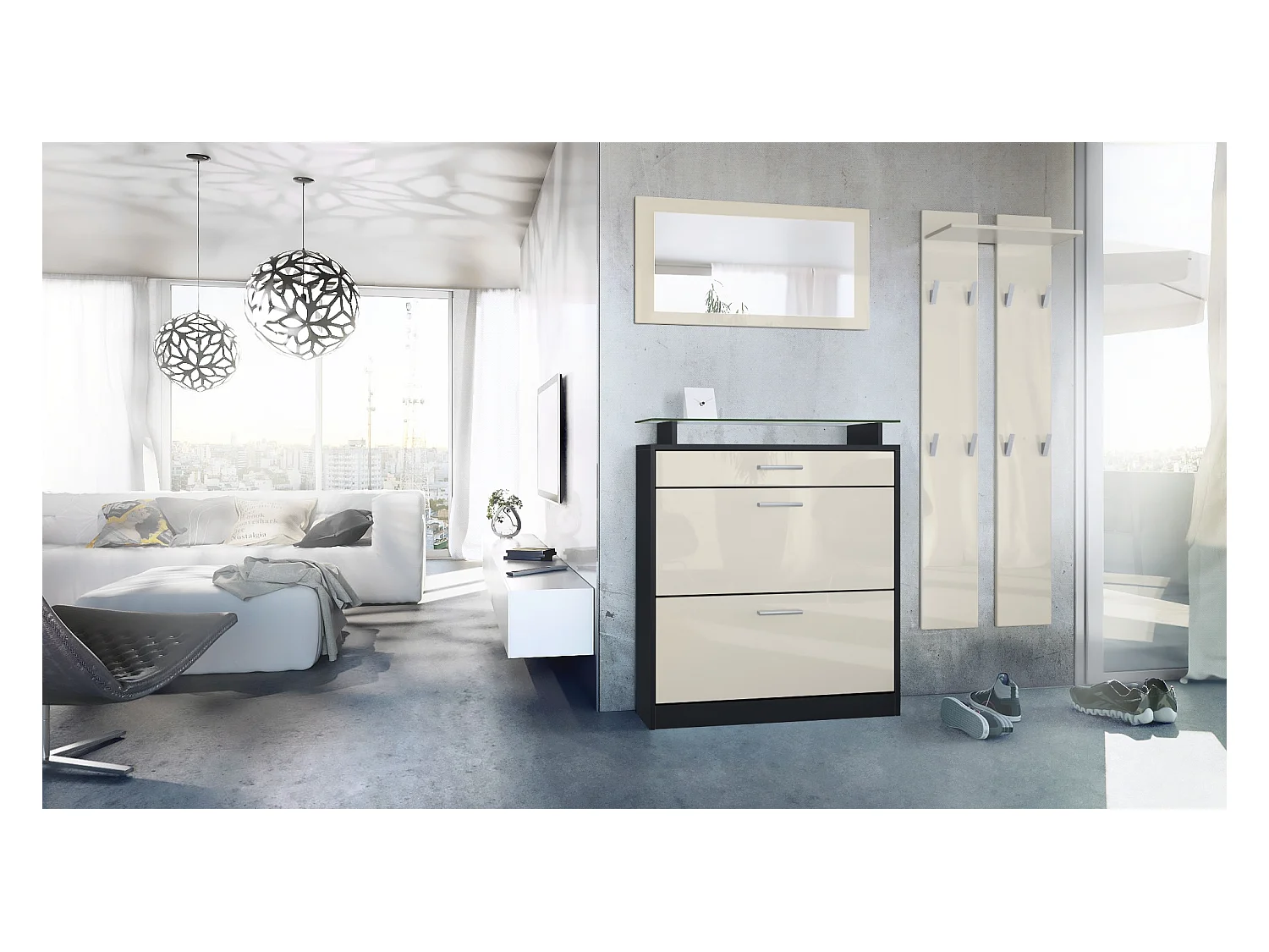 Penderie Loret Mini, Meuble d’entrée comprenant 1 commode à chaussures, 1 miroir mural et 2 panneaux porte-manteaux, Noir mat/Crème haute brillance