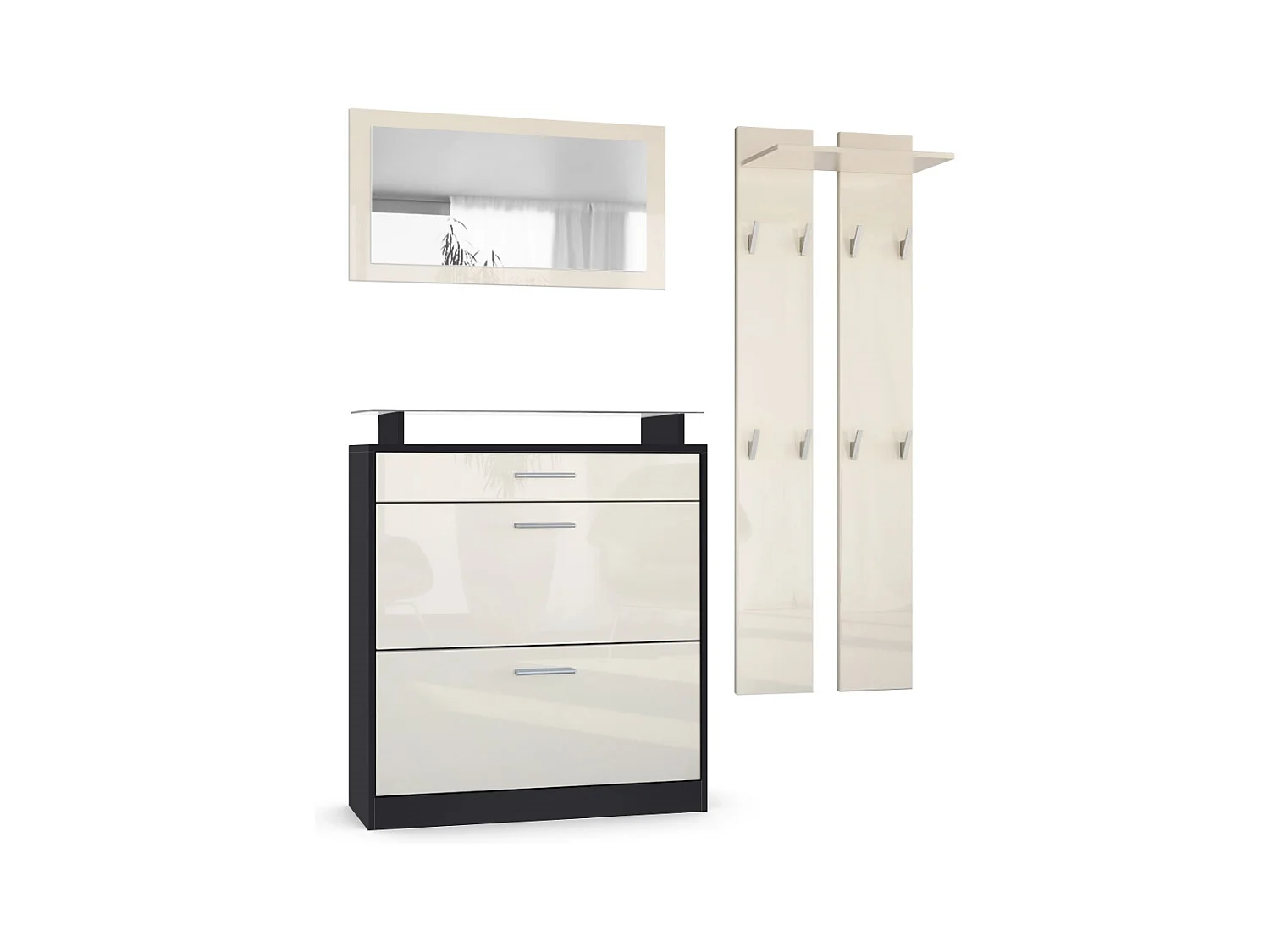 Penderie Loret Mini, Meuble d’entrée comprenant 1 commode à chaussures, 1 miroir mural et 2 panneaux porte-manteaux, Noir mat/Crème haute brillance