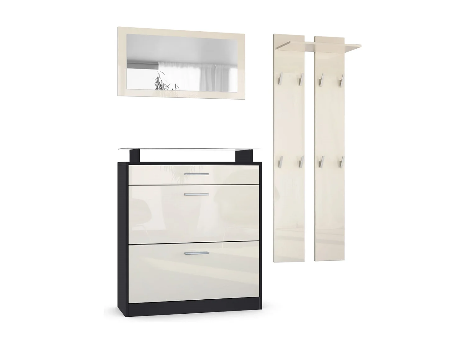 Penderie Loret Mini, Meuble d’entrée comprenant 1 commode à chaussures, 1 miroir mural et 2 panneaux porte-manteaux, Noir mat/Crème haute brillance