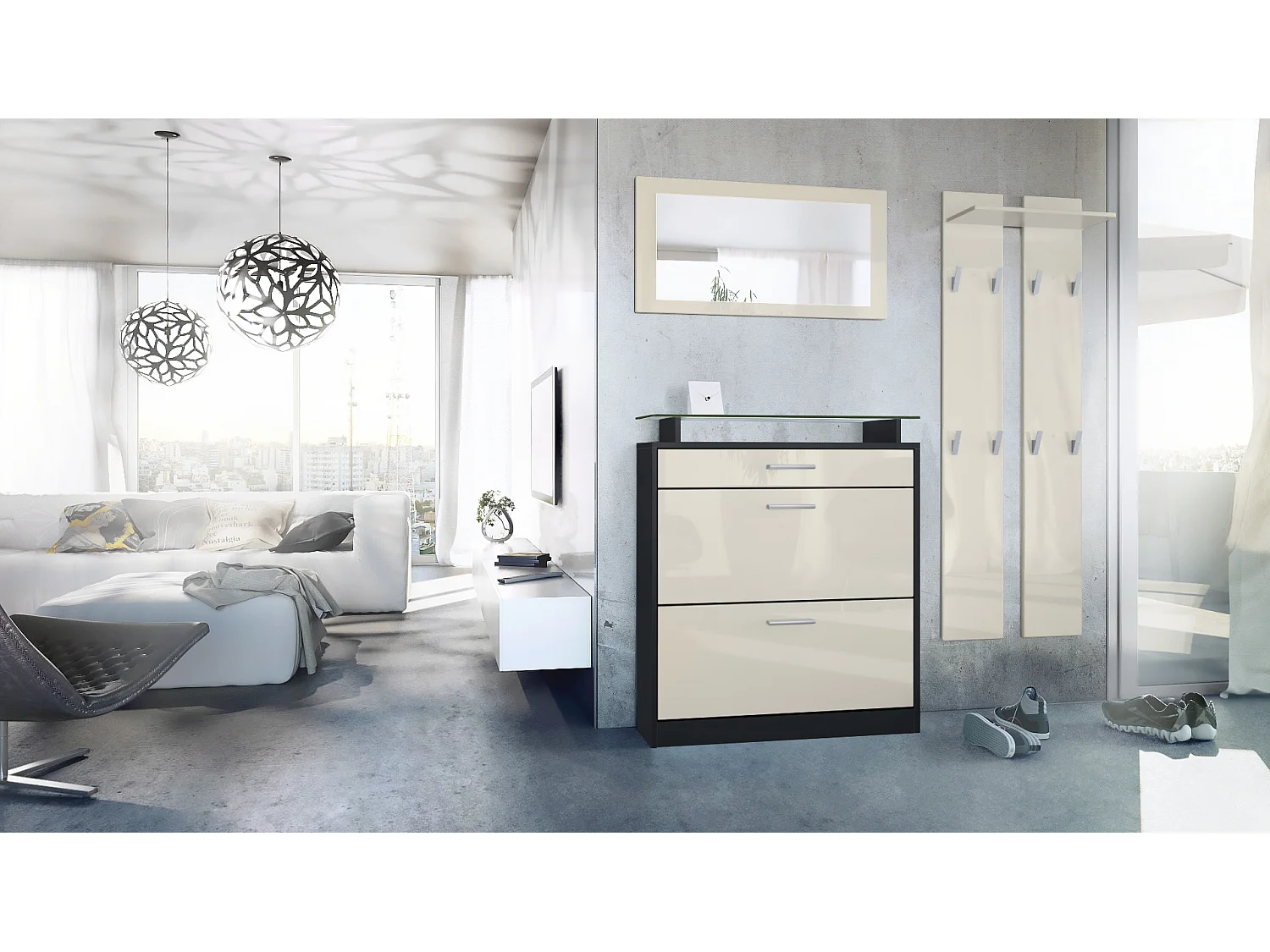 Penderie Loret Mini, Meuble d’entrée comprenant 1 commode à chaussures, 1 miroir mural et 2 panneaux porte-manteaux, Noir mat/Crème haute brillance