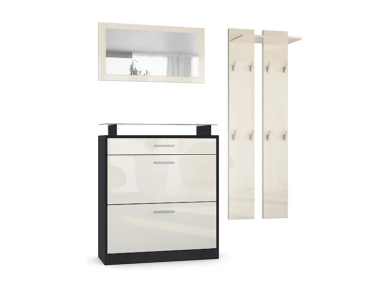 Penderie Loret Mini, Meuble d’entrée comprenant 1 commode à chaussures, 1 miroir mural et 2 panneaux porte-manteaux, Noir mat/Crème haute brillance