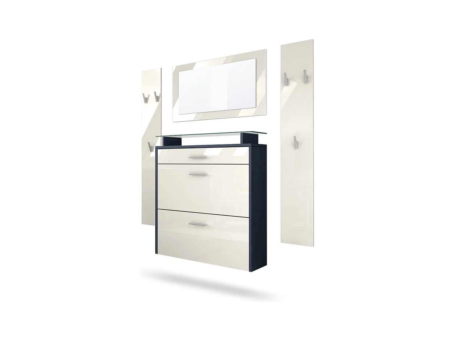 Penderie Malea, Meuble d’entrée comprenant 1 commode à chaussures murale, 1 miroir mural et 2 panneaux porte-manteaux, Anthracite mat/Crème haute brillance