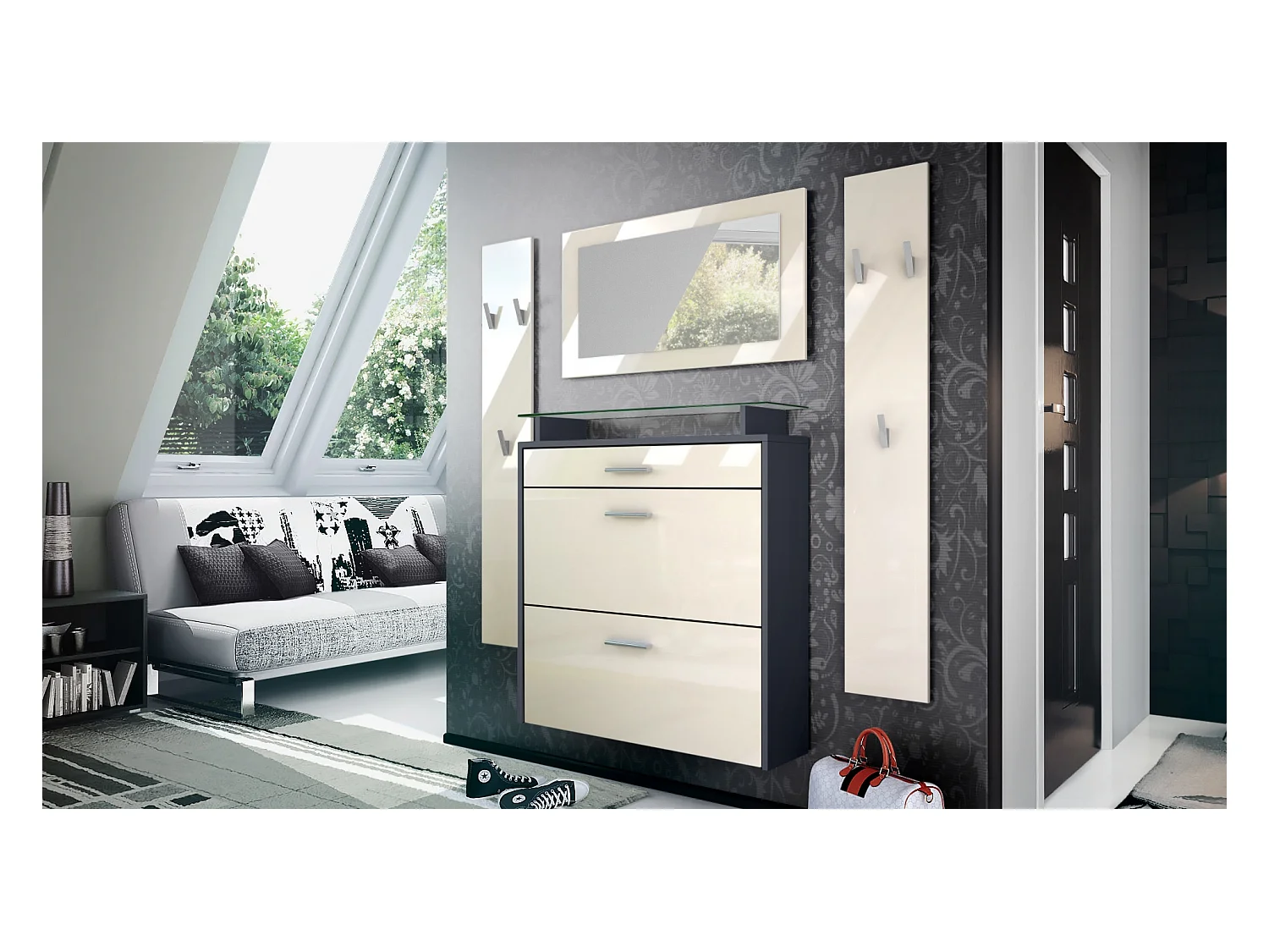 Penderie Malea, Meuble d’entrée comprenant 1 commode à chaussures murale, 1 miroir mural et 2 panneaux porte-manteaux, Anthracite mat/Crème haute brillance