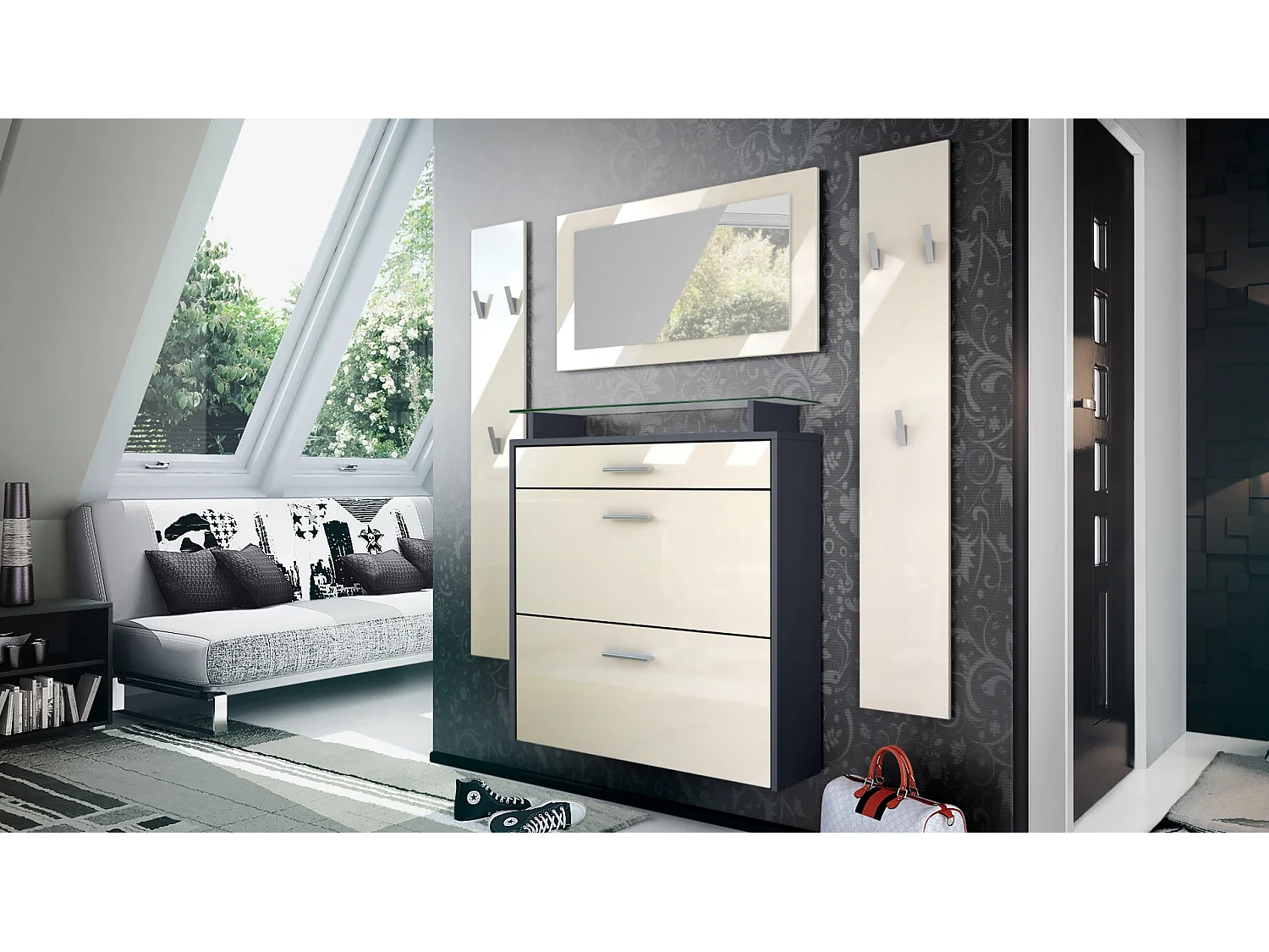 Penderie Malea, Meuble d’entrée comprenant 1 commode à chaussures murale, 1 miroir mural et 2 panneaux porte-manteaux, Anthracite mat/Crème haute brillance