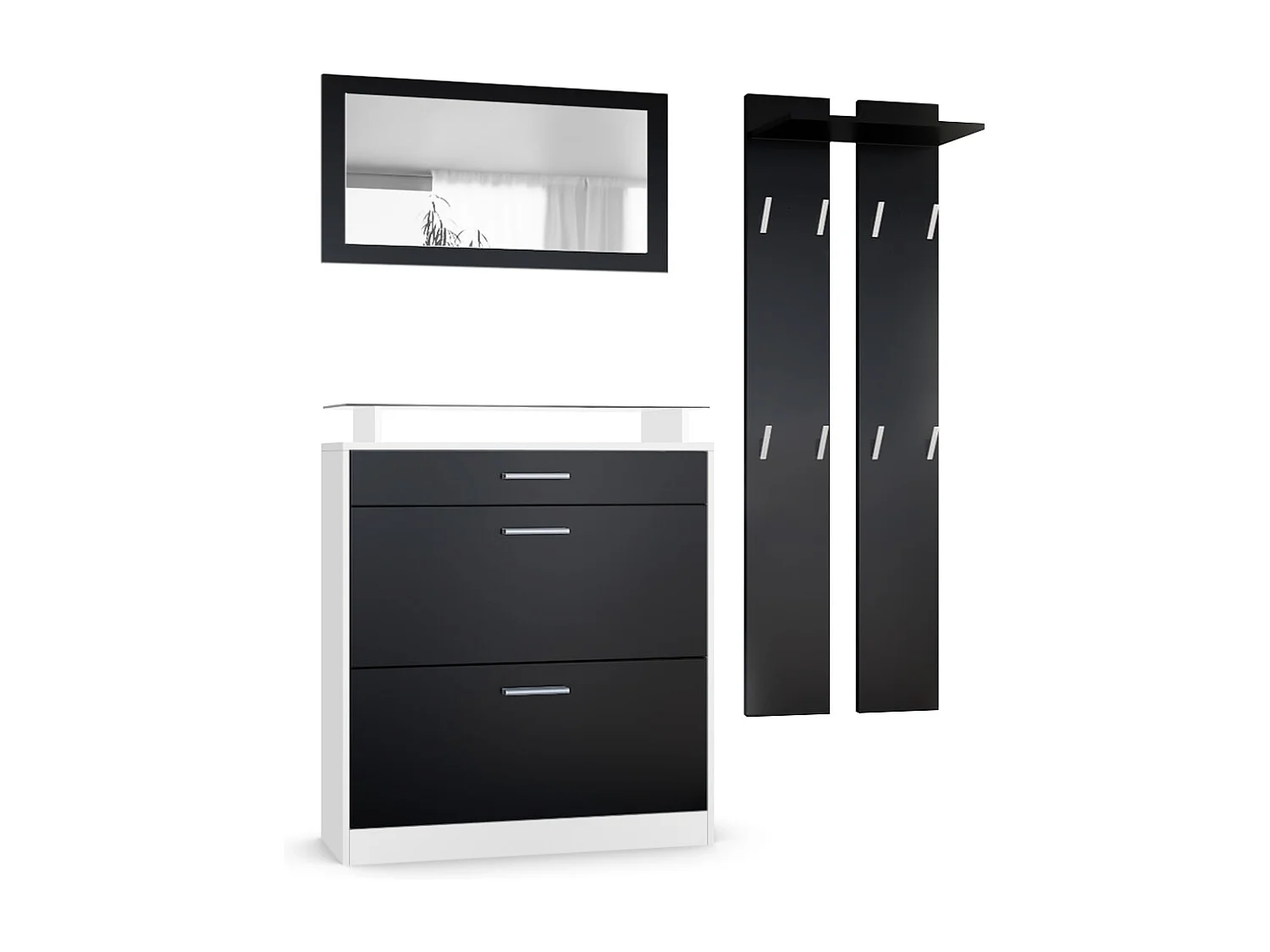 Vladon Mueble recibidor Loret mini, Mueble de entrada compuesto por 1 Zapatero, 1 Espejo de pared y 2 Percheros, Blanco mate/Negro mate