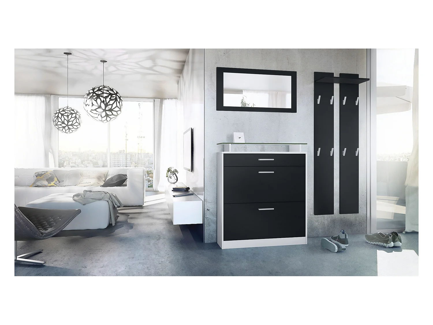 Vladon Mueble recibidor Loret mini, Mueble de entrada compuesto por 1 Zapatero, 1 Espejo de pared y 2 Percheros, Blanco mate/Negro mate