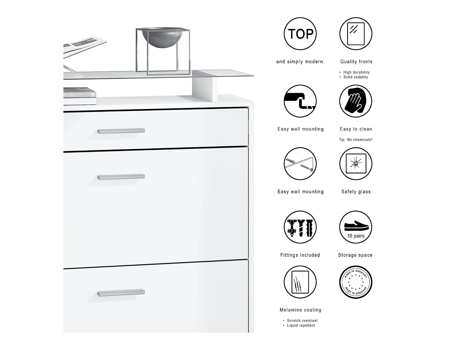 Vladon Mueble recibidor Loret mini, Mueble de entrada compuesto por 1 Zapatero, 1 Espejo de pared y 2 Percheros, Blanco mate/Negro mate