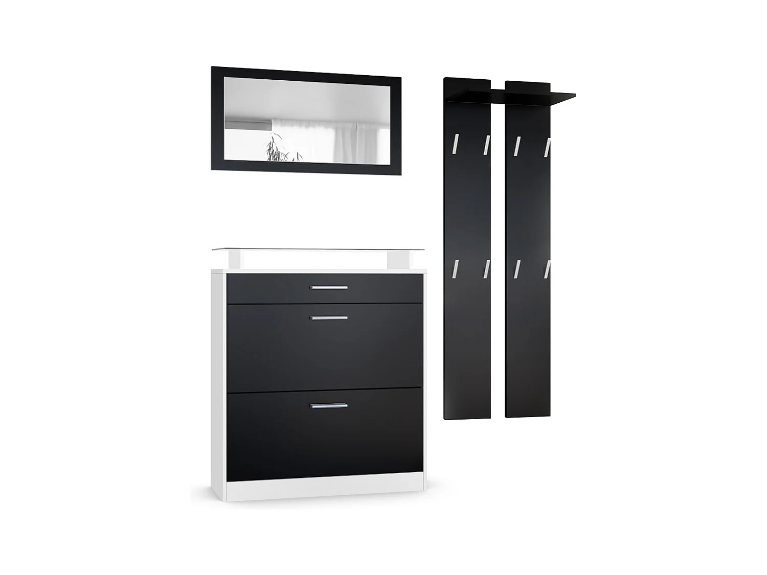Penderie Loret Mini, Meuble d’entrée comprenant 1 commode à chaussures, 1 miroir mural et 2 panneaux porte-manteaux, Blanc mat/Noir mat