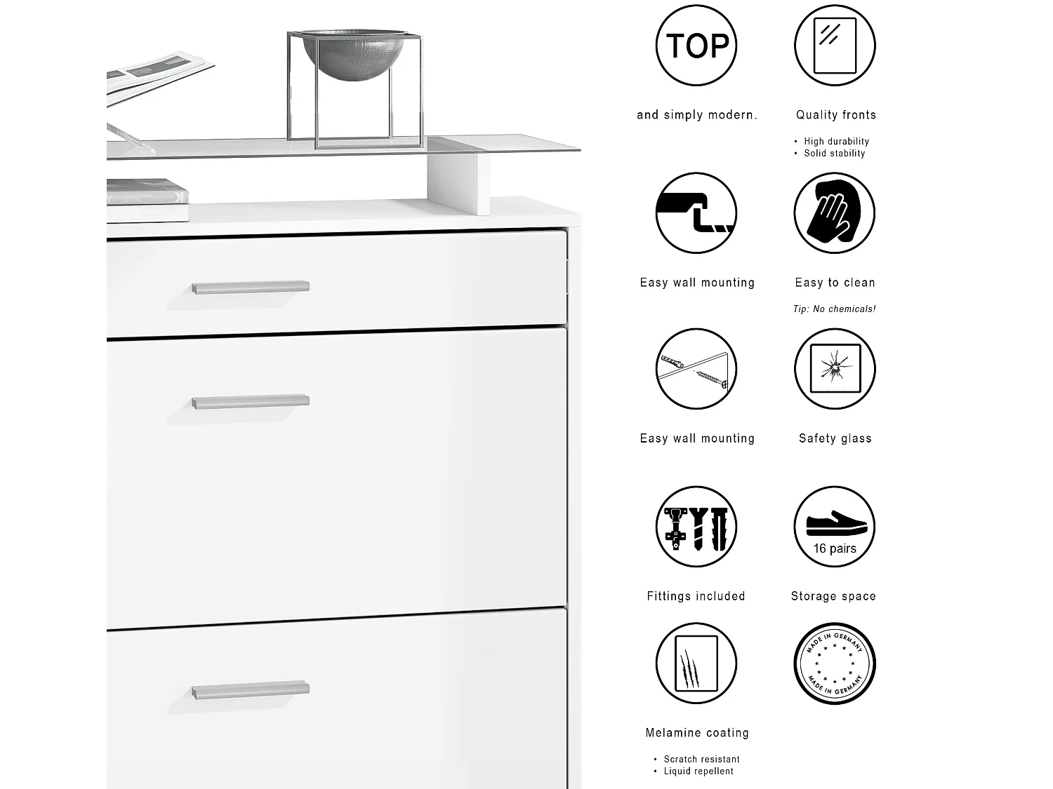Penderie Loret Mini, Meuble d’entrée comprenant 1 commode à chaussures, 1 miroir mural et 2 panneaux porte-manteaux, Blanc mat/Noir mat