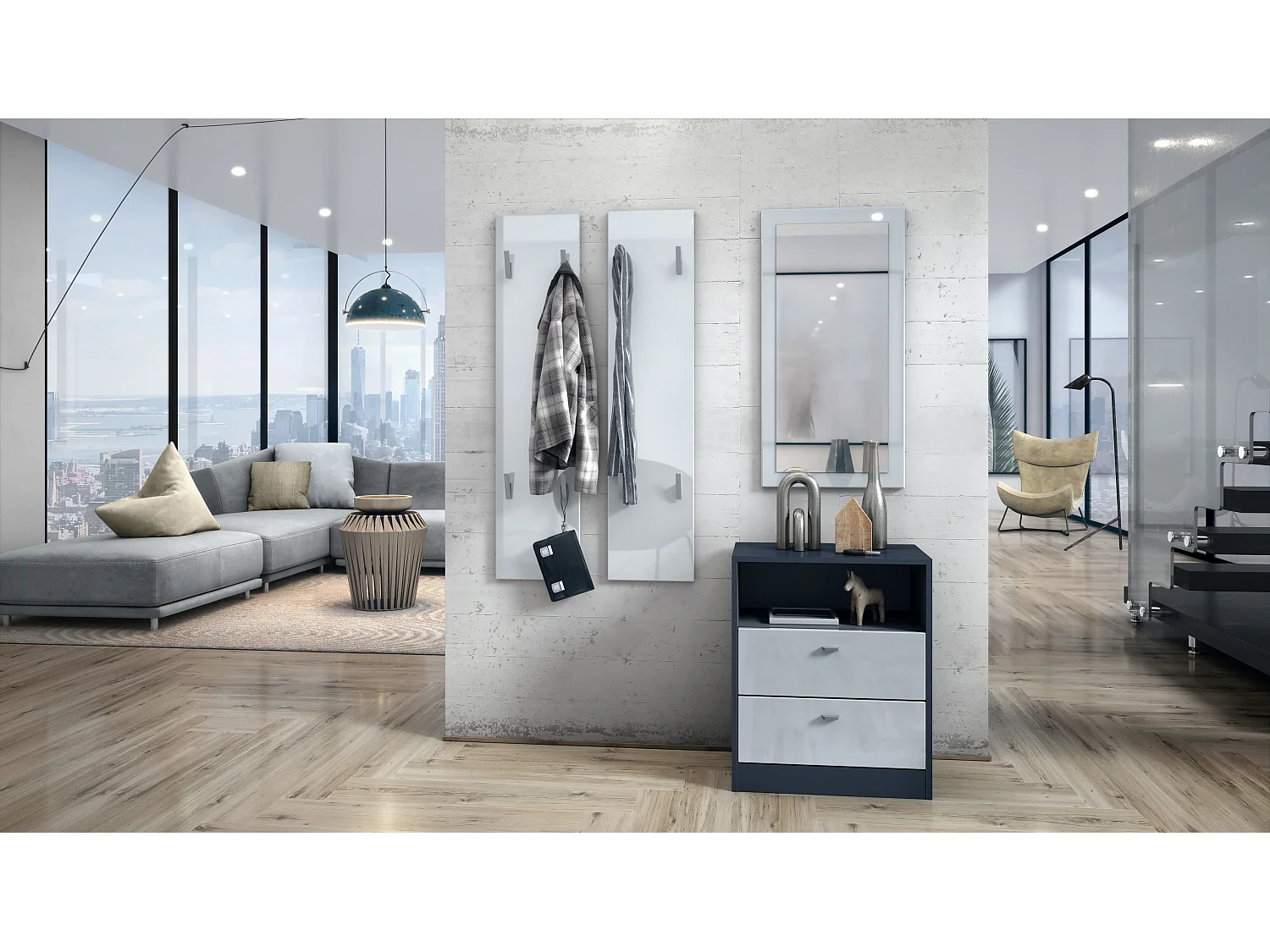 Panneau mural 120, Panneau de porte-manteau comprenant 2 panneaux, Blanc haute brillance (28 x 120 x 2 cm chacun)