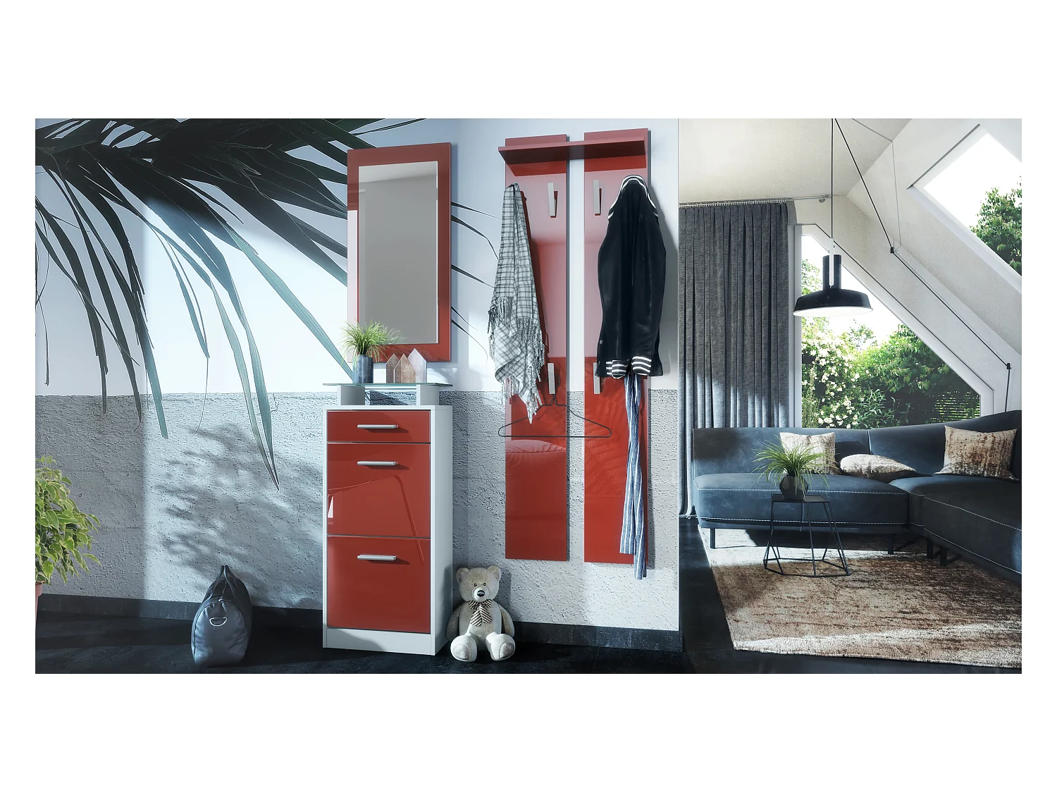 Ensemble de meubles d'entrée Loret V2 Mini, Corps en Blanc mat / Façades en Bordeaux haute brillance