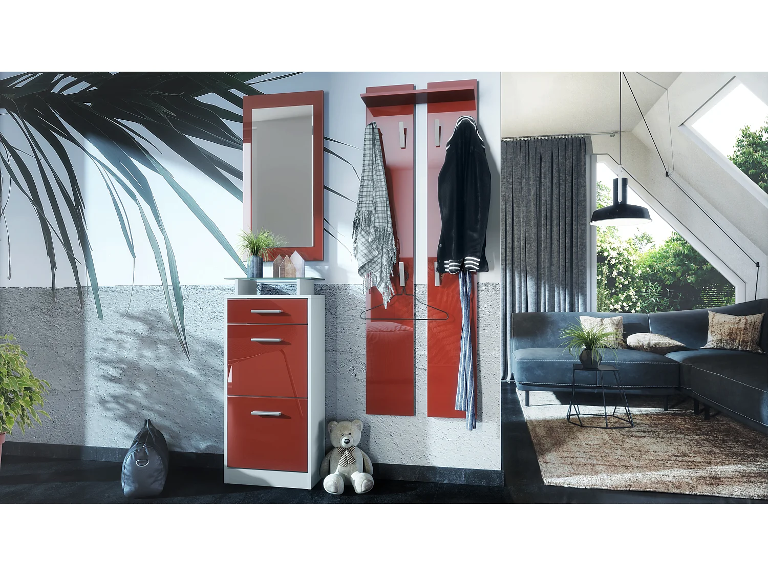 Ensemble de meubles d'entrée Loret V2 Mini, Corps en Blanc mat / Façades en Bordeaux haute brillance