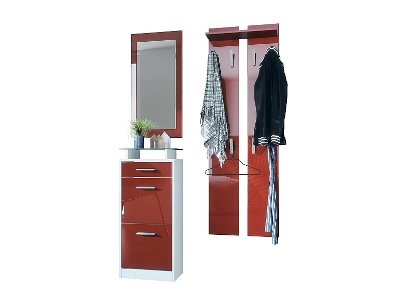 Ensemble de meubles d'entrée Loret V2 Mini, Corps en Blanc mat / Façades en Bordeaux haute brillance