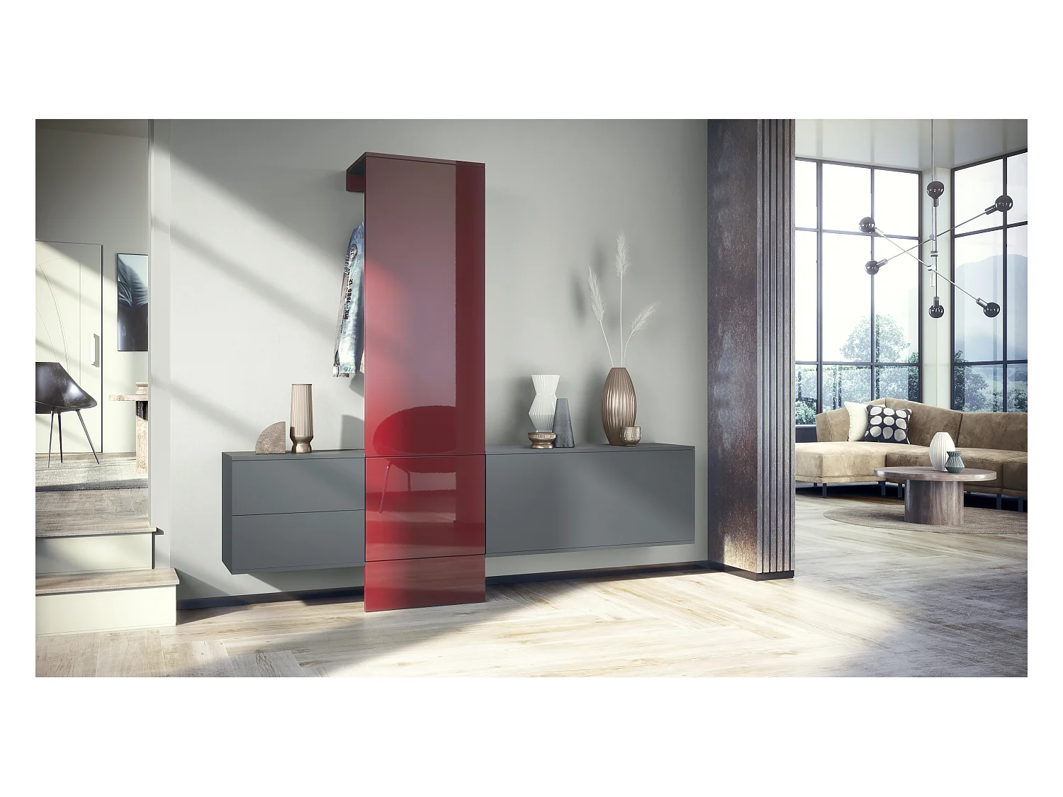 Ensemble de garde-robe  DualVista, composé de 1 panneau de porte-manteau, 1 armoire à tiroirs, 1 module de rangement et 2 miroirs, anthracite mat/bordeaux brillant