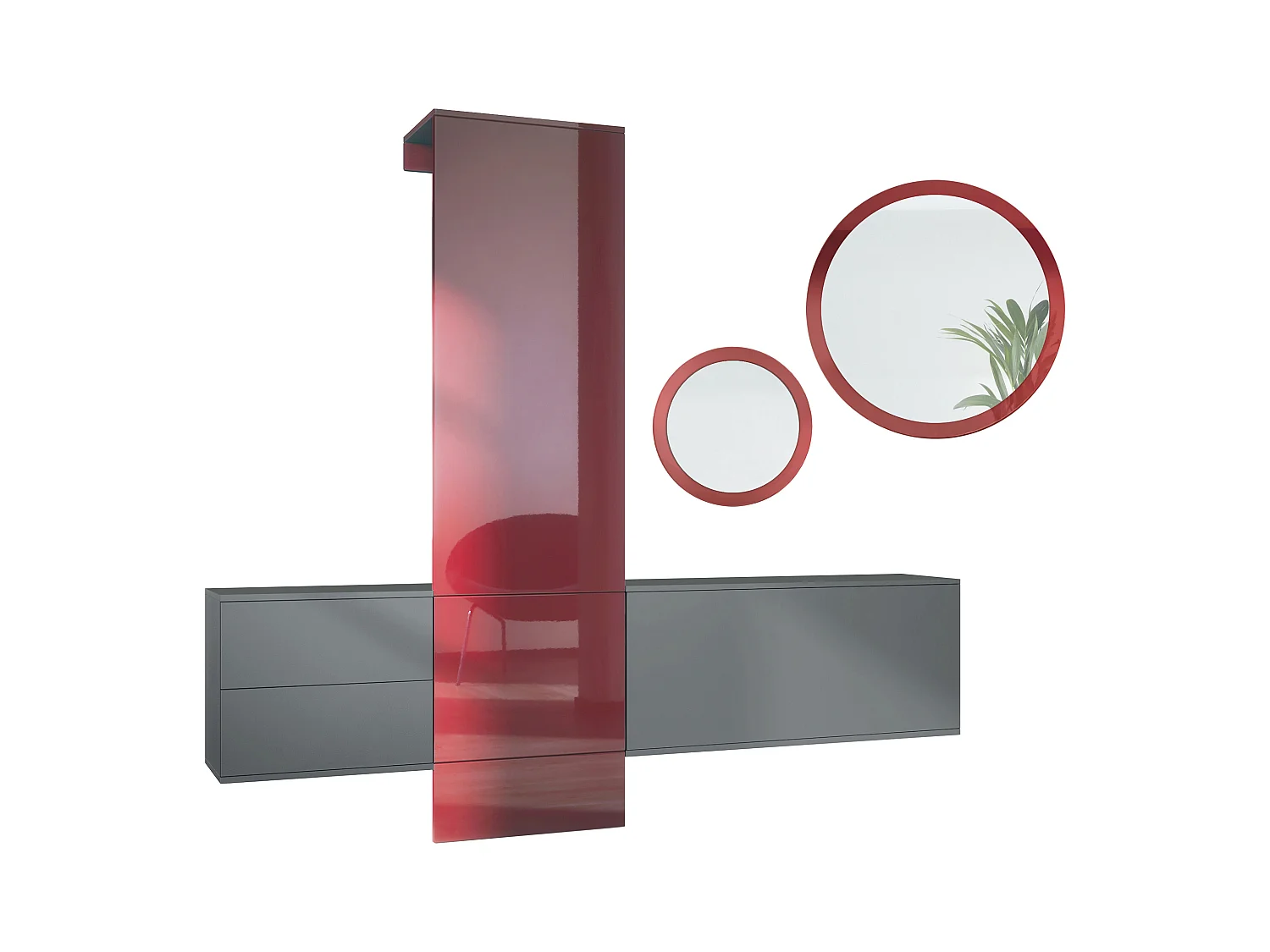Ensemble de garde-robe  DualVista, composé de 1 panneau de porte-manteau, 1 armoire à tiroirs, 1 module de rangement et 2 miroirs, anthracite mat/bordeaux brillant