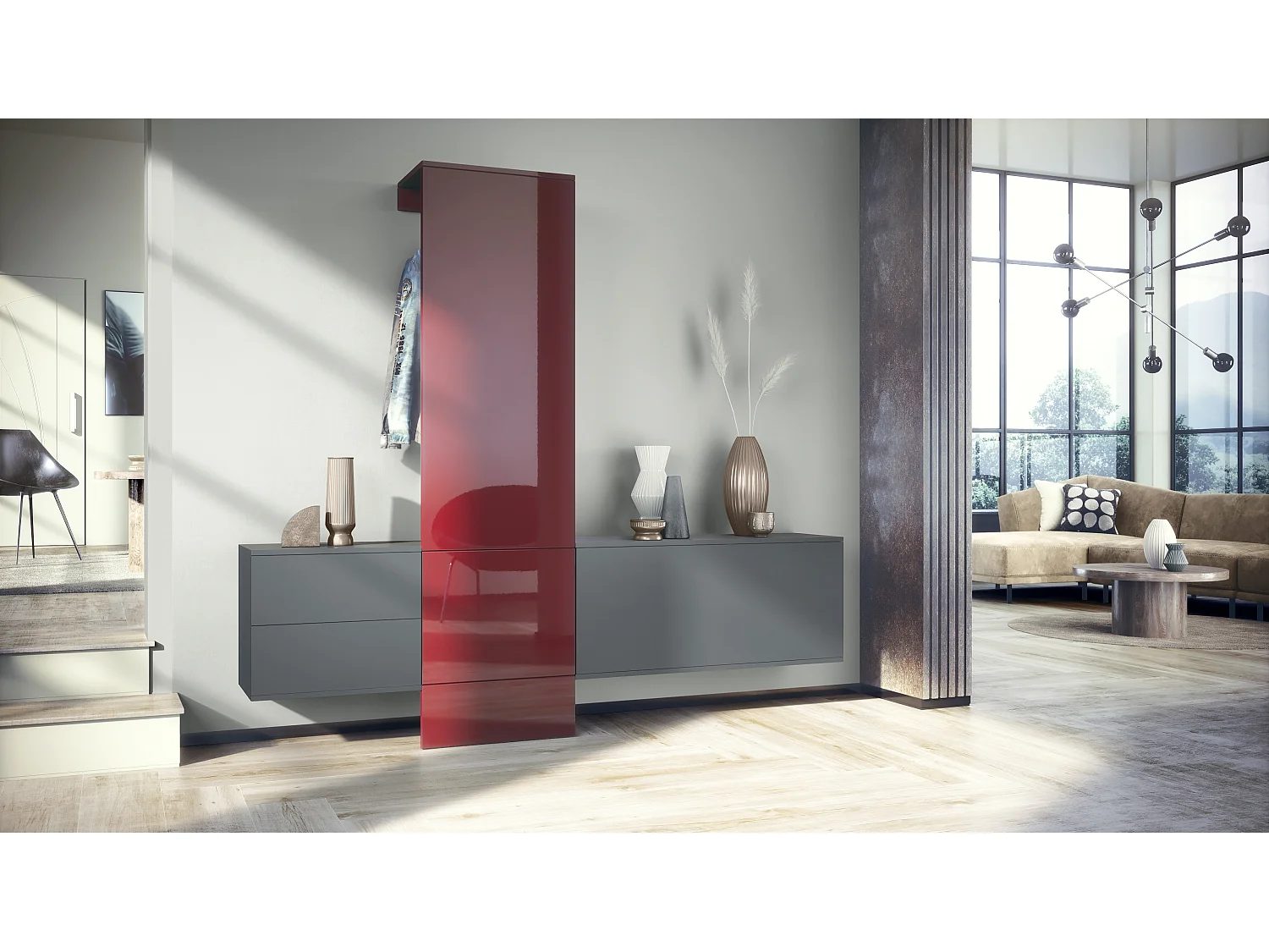 Ensemble de garde-robe  DualVista, composé de 1 panneau de porte-manteau, 1 armoire à tiroirs, 1 module de rangement et 2 miroirs, anthracite mat/bordeaux brillant
