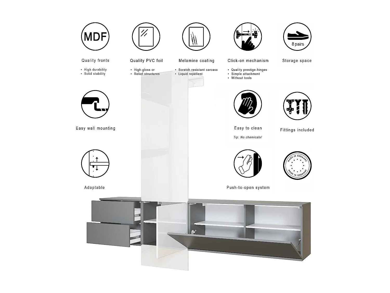 Ensemble de garde-robe  DualVista, composé de 1 panneau de porte-manteau, 1 armoire à tiroirs, 1 module de rangement et 2 miroirs, anthracite mat/bordeaux brillant