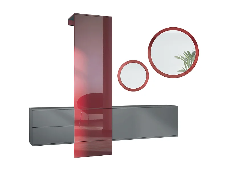 Ensemble de garde-robe  DualVista, composé de 1 panneau de porte-manteau, 1 armoire à tiroirs, 1 module de rangement et 2 miroirs, anthracite mat/bordeaux brillant