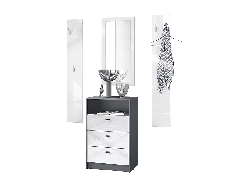Ensemble de vestiaires Pino V2, 2 Panneaux muraux 140 cm et buffet avec 2 tiroirs & 1 compartiment ouvert, anthracite mat/Blanc brillant (56 x 67,5 x 36 cm)