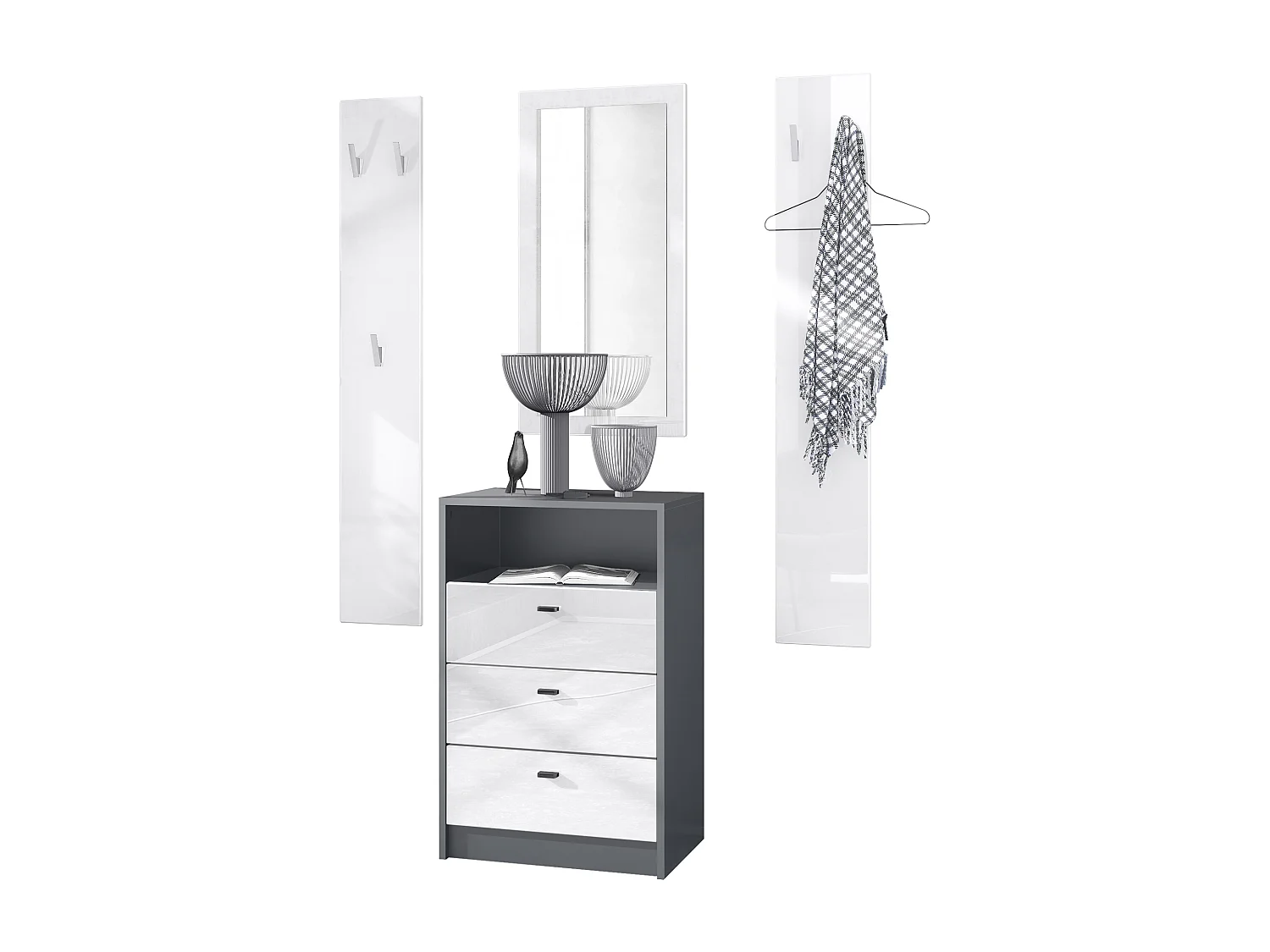 Ensemble de vestiaires Pino V2, 2 Panneaux muraux 140 cm et buffet avec 2 tiroirs & 1 compartiment ouvert, anthracite mat/Blanc brillant (56 x 67,5 x 36 cm)