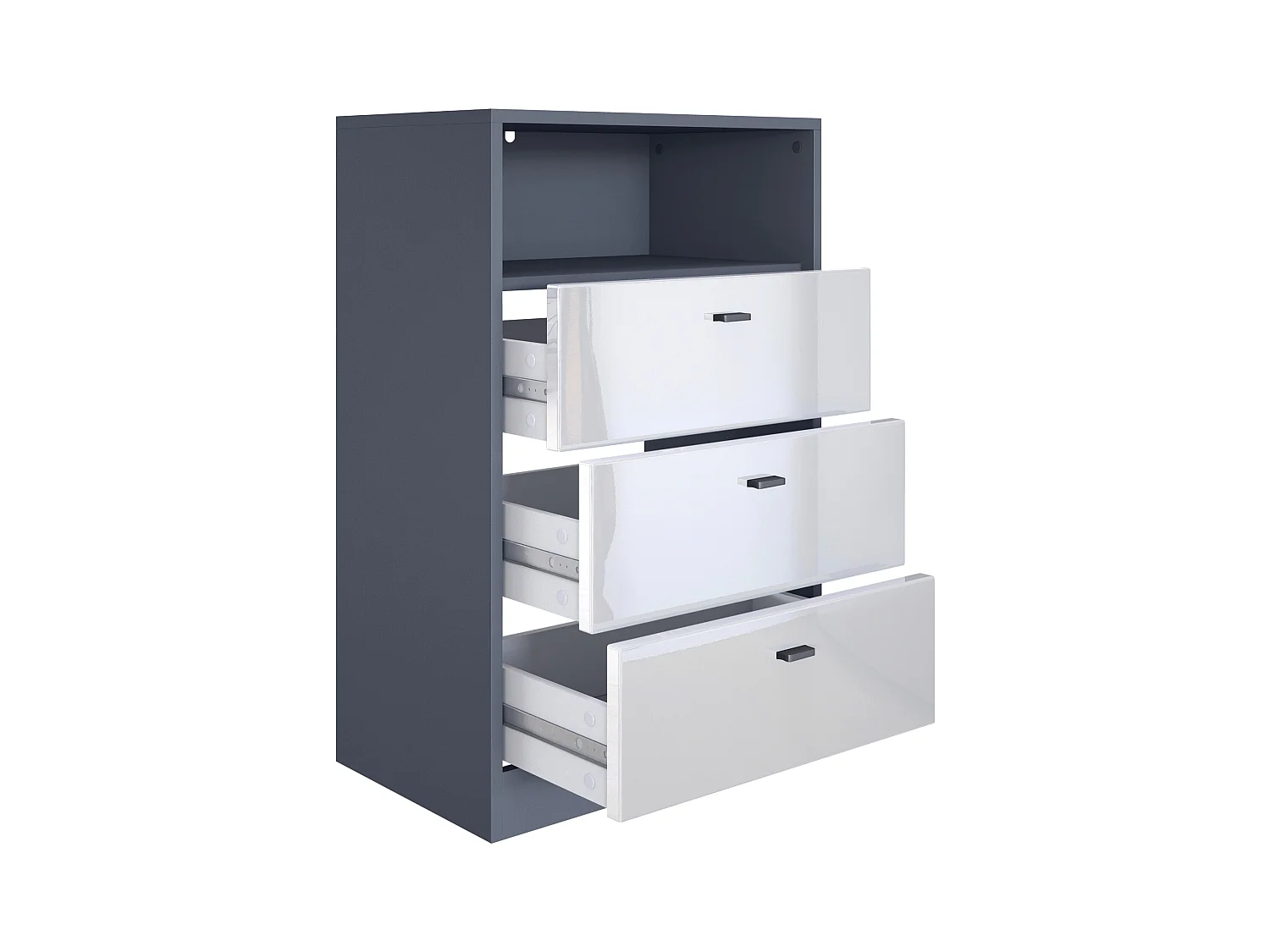 Ensemble de vestiaires Pino V2, 2 Panneaux muraux 140 cm et buffet avec 2 tiroirs & 1 compartiment ouvert, anthracite mat/Blanc brillant (56 x 67,5 x 36 cm)