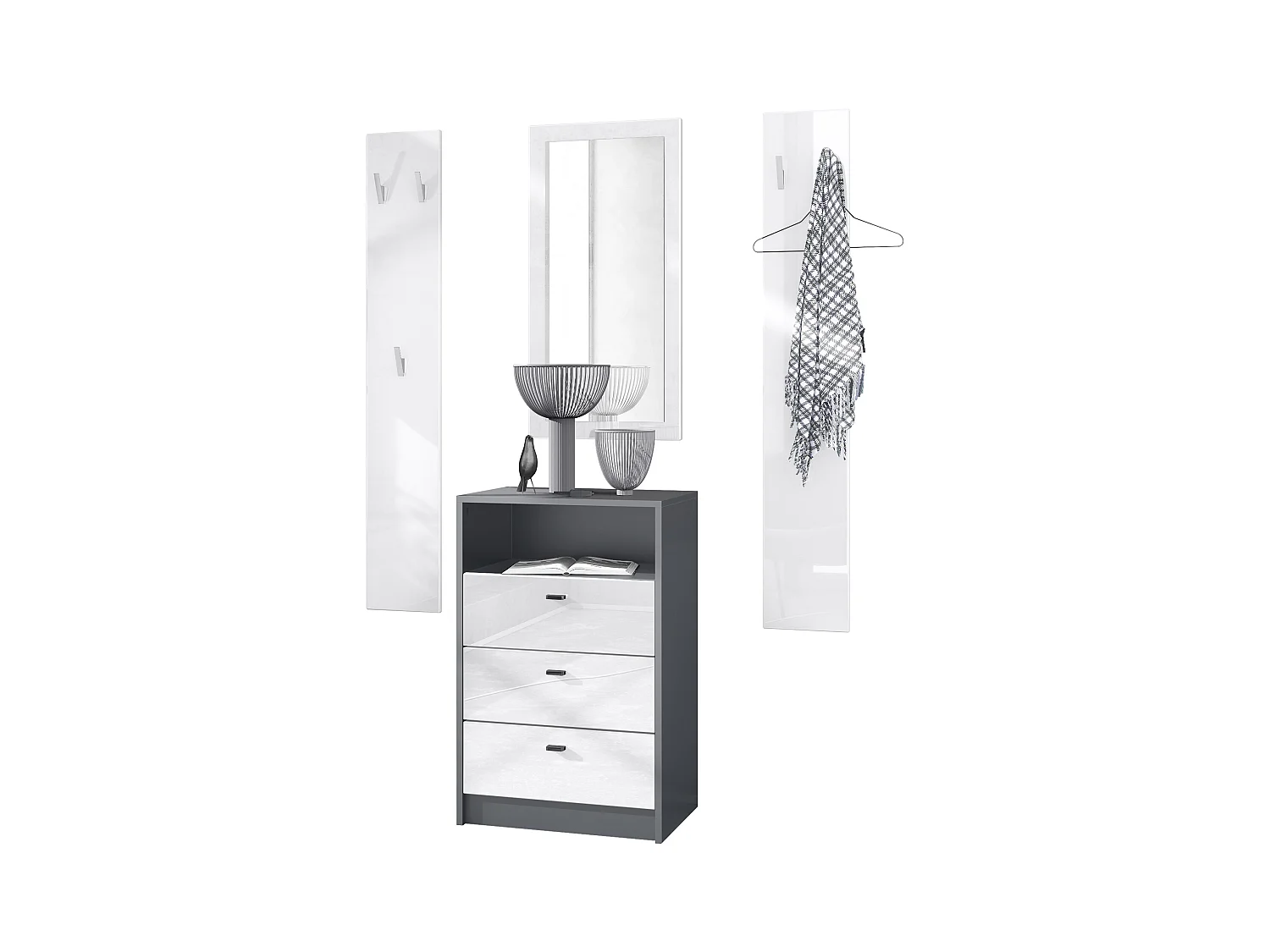 Ensemble de vestiaires Pino V2, 2 Panneaux muraux 140 cm et buffet avec 2 tiroirs & 1 compartiment ouvert, anthracite mat/Blanc brillant (56 x 67,5 x 36 cm)