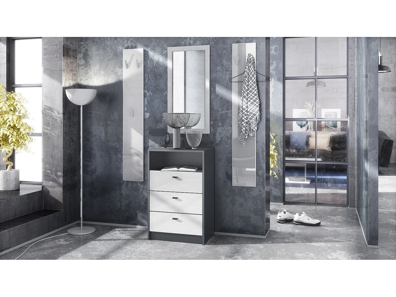 Ensemble de vestiaires Pino V2, 2 Panneaux muraux 140 cm et buffet avec 2 tiroirs & 1 compartiment ouvert, anthracite mat/Blanc brillant (56 x 67,5 x 36 cm)