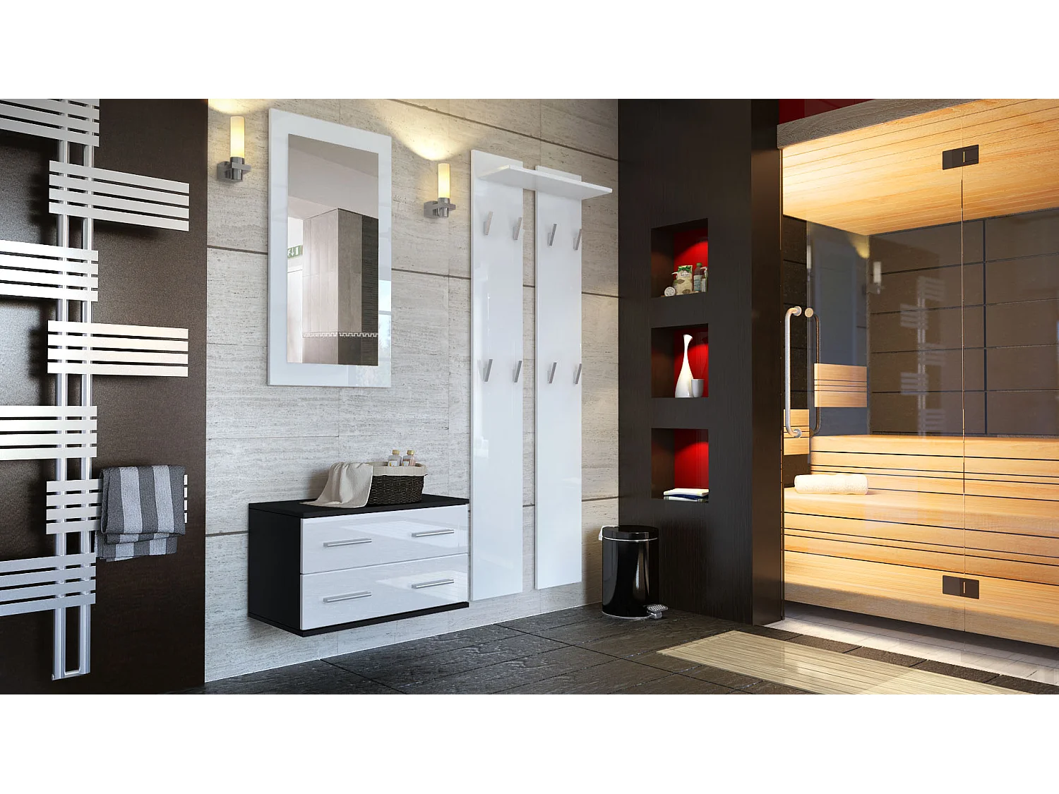 Ensemble de meubles d'entrée Kioto, Corps en Noir mat / Façades en Blanc haute brillance