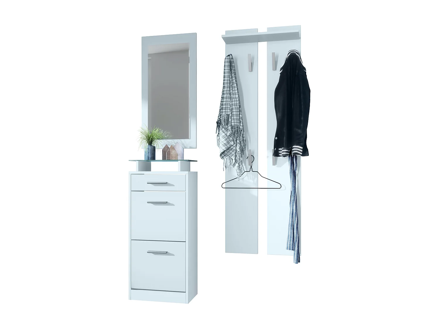 Ensemble de meubles d'entrée Loret V2 Mini, Corps en Blanc mat / Façades en Blanc mat