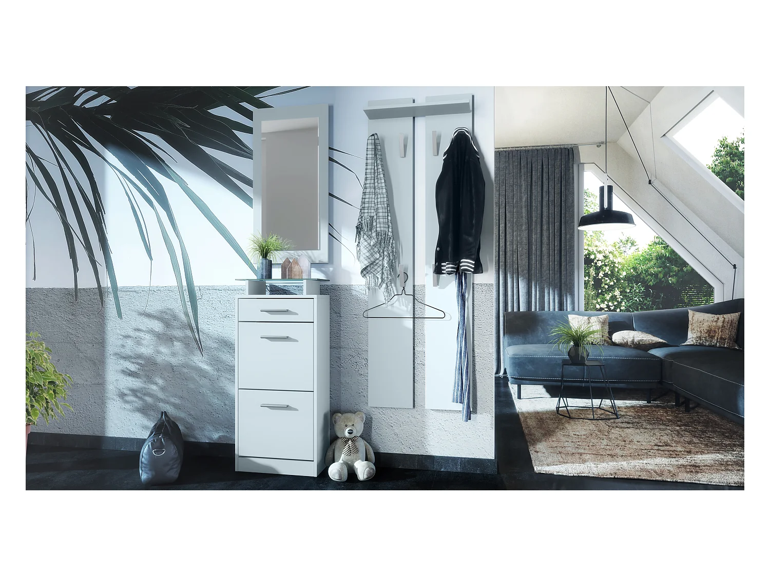 Ensemble de meubles d'entrée Loret V2 Mini, Corps en Blanc mat / Façades en Blanc mat