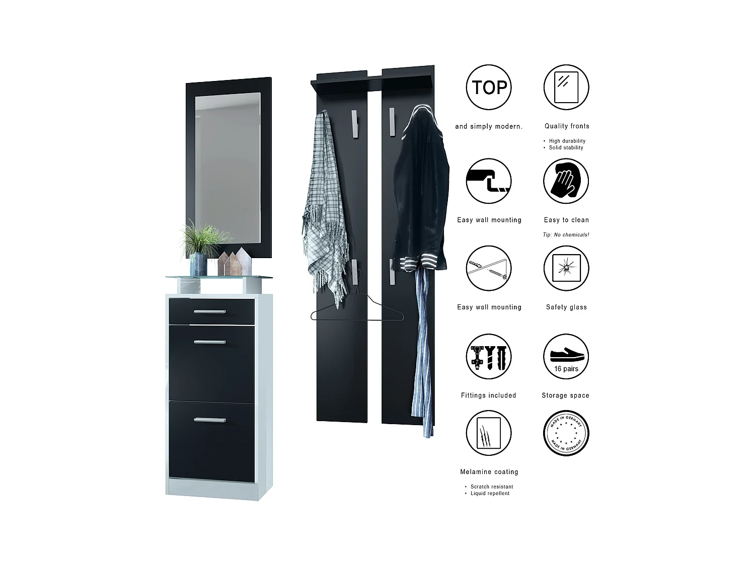 Ensemble de meubles d'entrée Loret V2 Mini, Corps en Blanc mat / Façades en Blanc mat