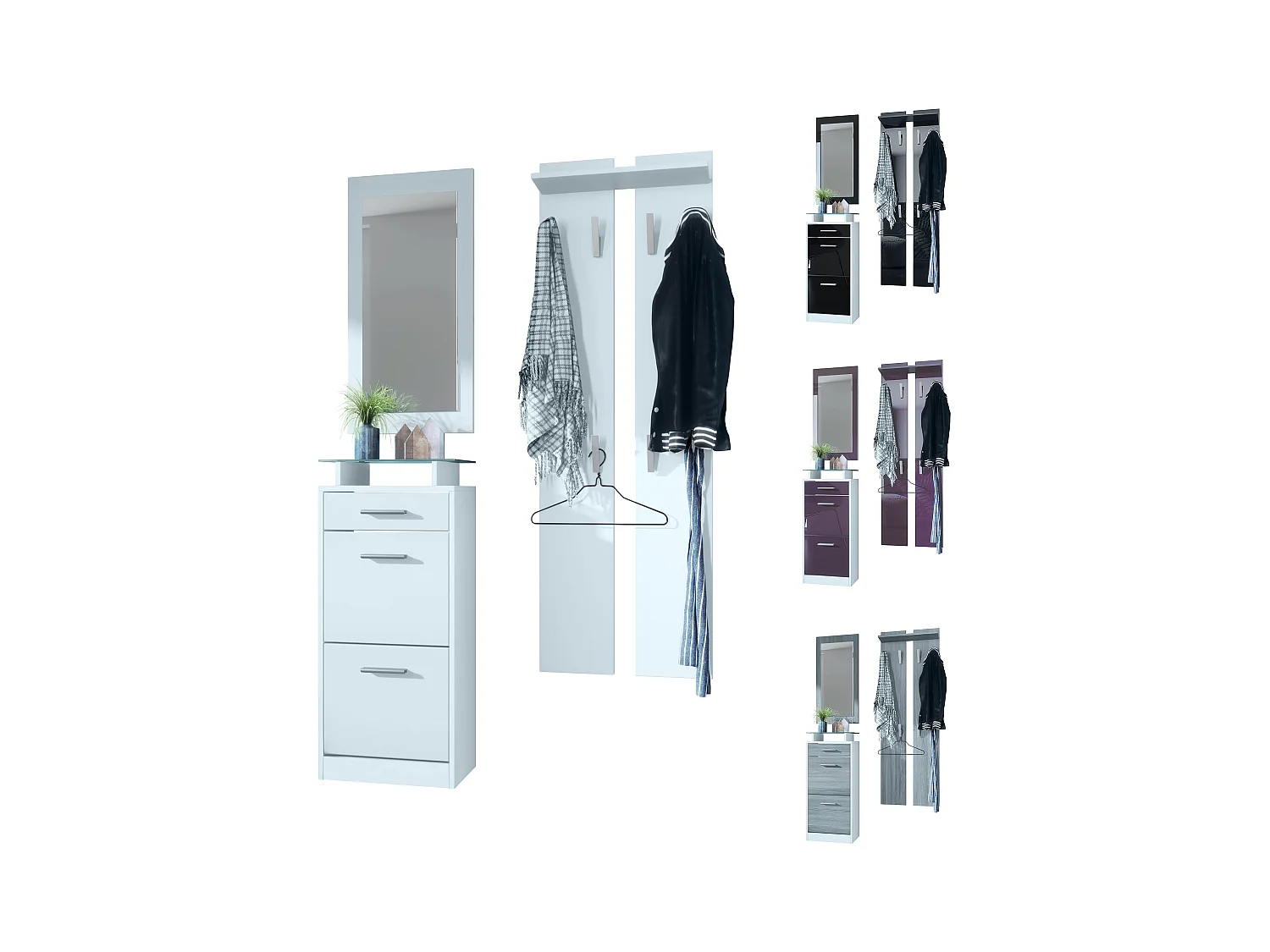 Ensemble de meubles d'entrée Loret V2 Mini, Corps en Blanc mat / Façades en Blanc mat