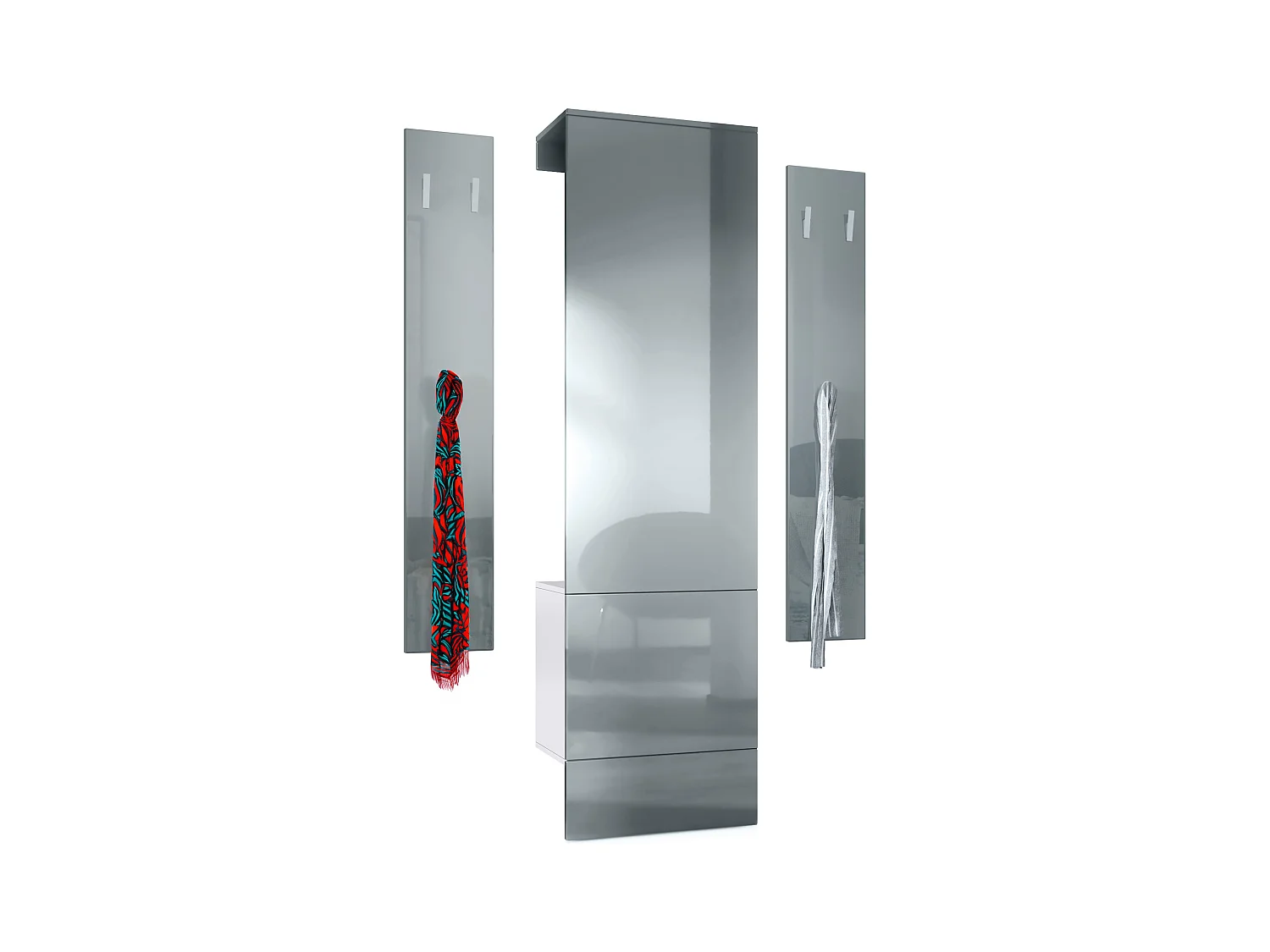 Ensemble d'entrée  Hollywood, comprenant 1 panneau de vestiaire mural, 1 tringle à vêtements et 1 ensemble de panneaux muraux, blanc mat/gris brillant