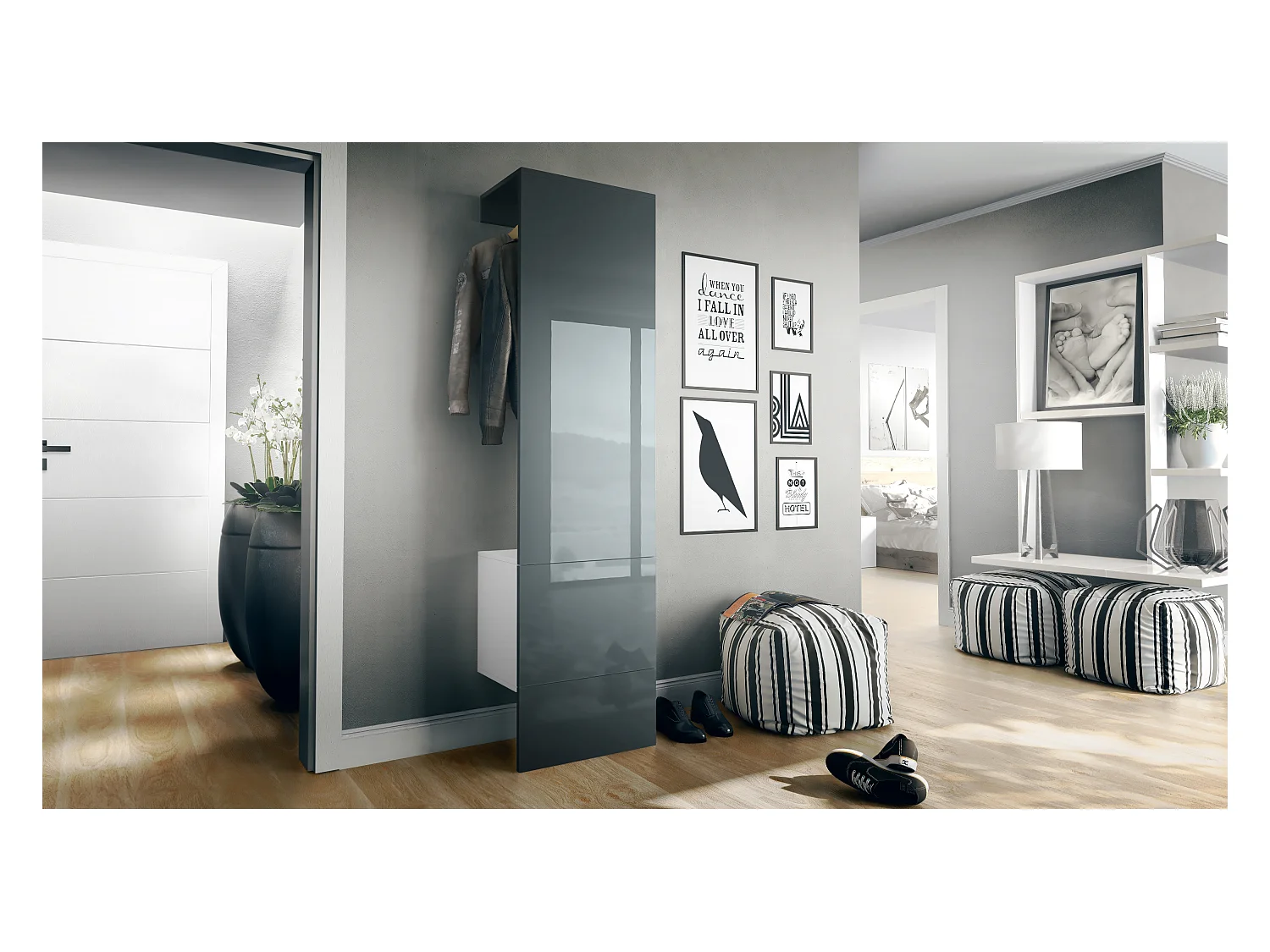 Ensemble d'entrée  Hollywood, comprenant 1 panneau de vestiaire mural, 1 tringle à vêtements et 1 ensemble de panneaux muraux, blanc mat/gris brillant