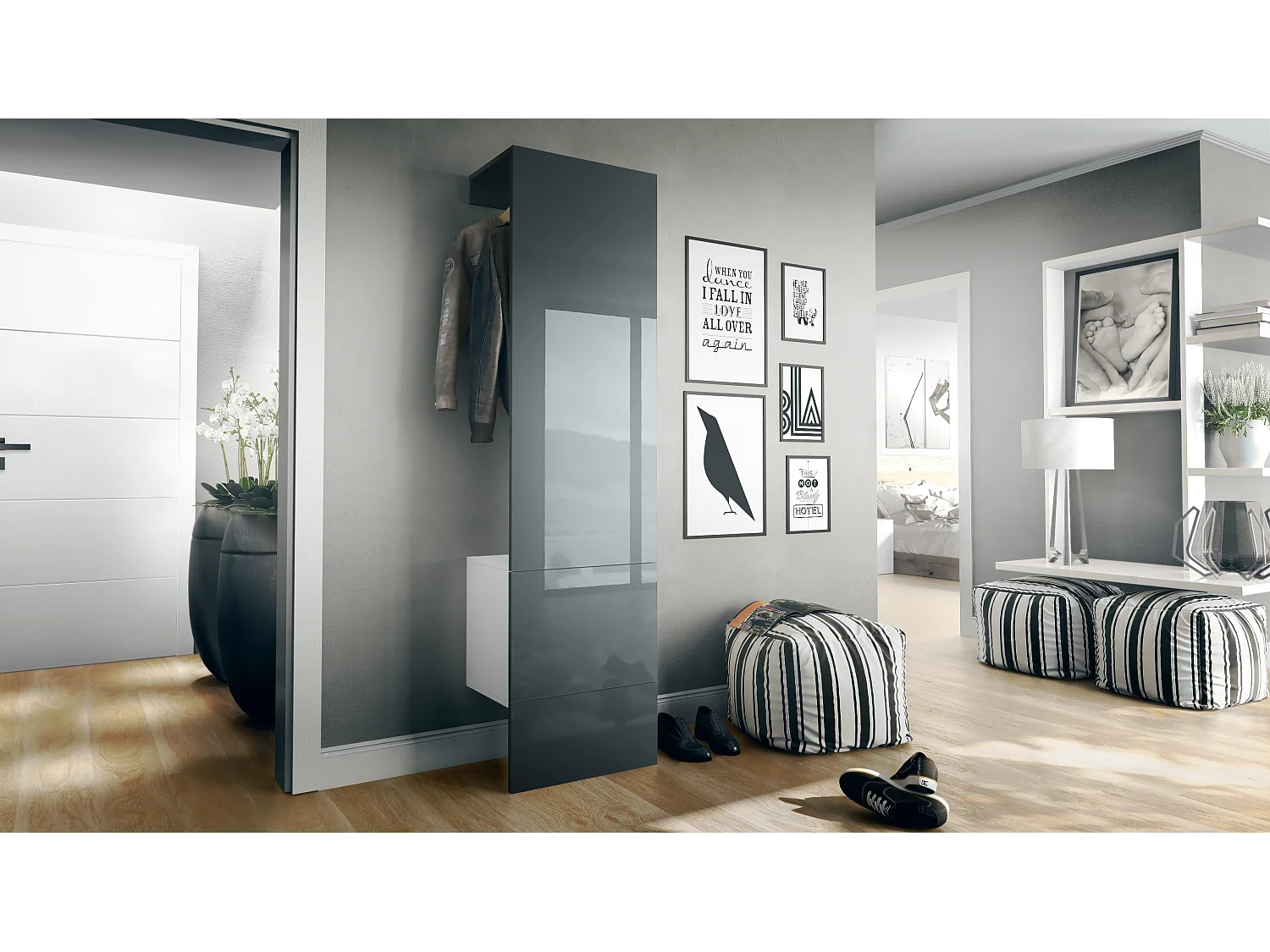 Ensemble d'entrée  Hollywood, comprenant 1 panneau de vestiaire mural, 1 tringle à vêtements et 1 ensemble de panneaux muraux, blanc mat/gris brillant