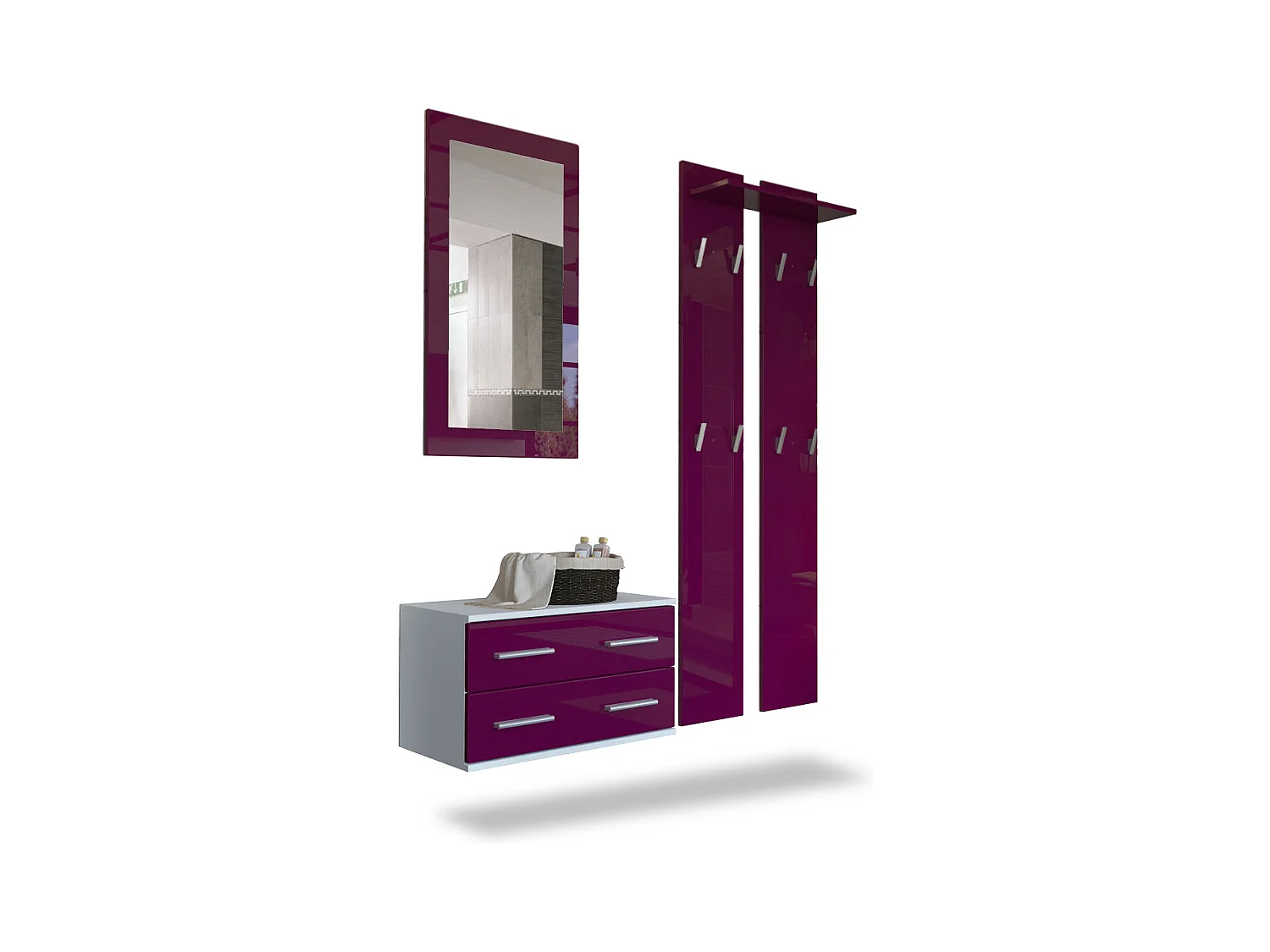 Ensemble de meubles d'entrée Kioto, Corps en Blanc mat / Façades en Mûre haute brillance