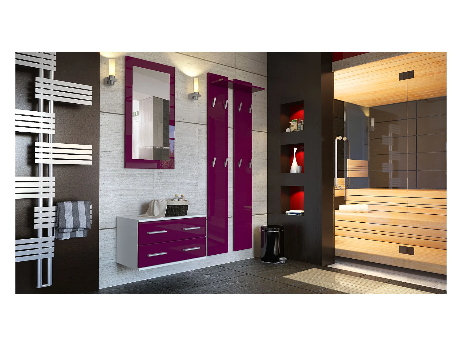 Ensemble de meubles d'entrée Kioto, Corps en Blanc mat / Façades en Mûre haute brillance