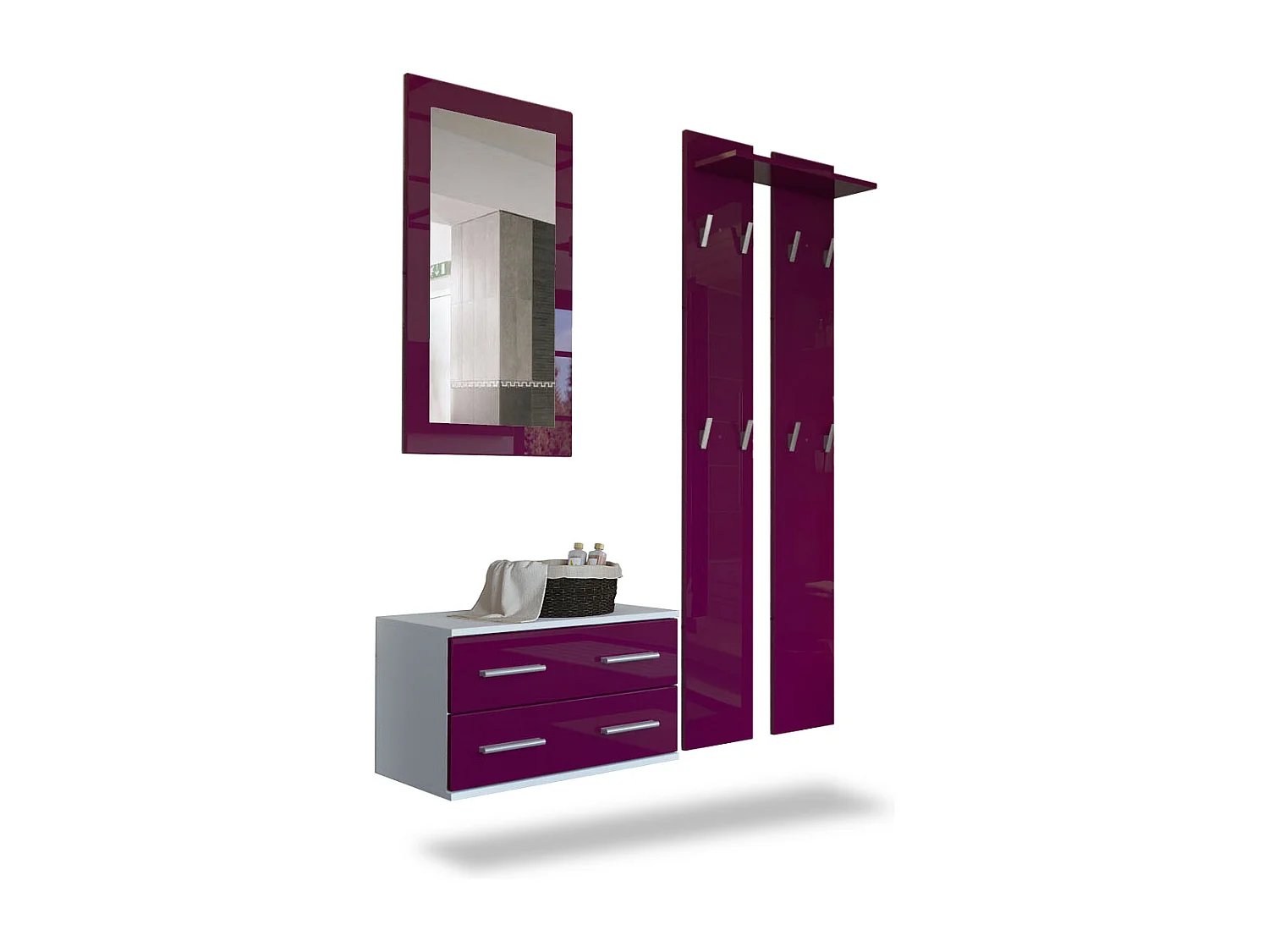 Ensemble de meubles d'entrée Kioto, Corps en Blanc mat / Façades en Mûre haute brillance