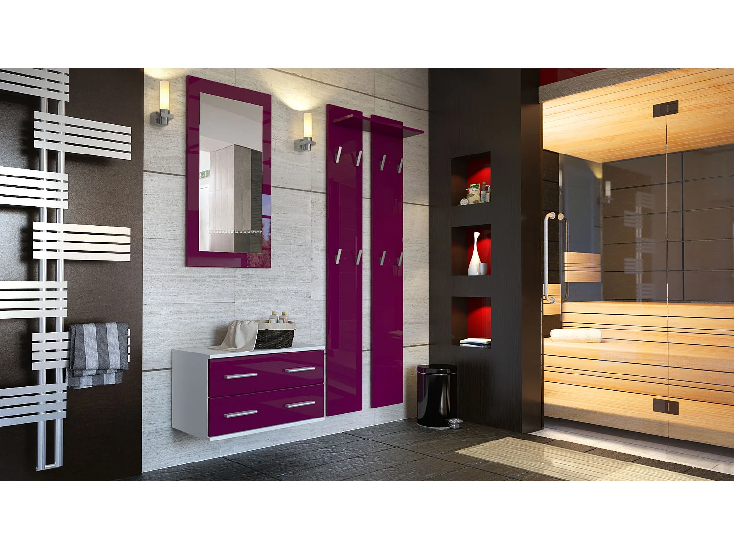 Ensemble de meubles d'entrée Kioto, Corps en Blanc mat / Façades en Mûre haute brillance