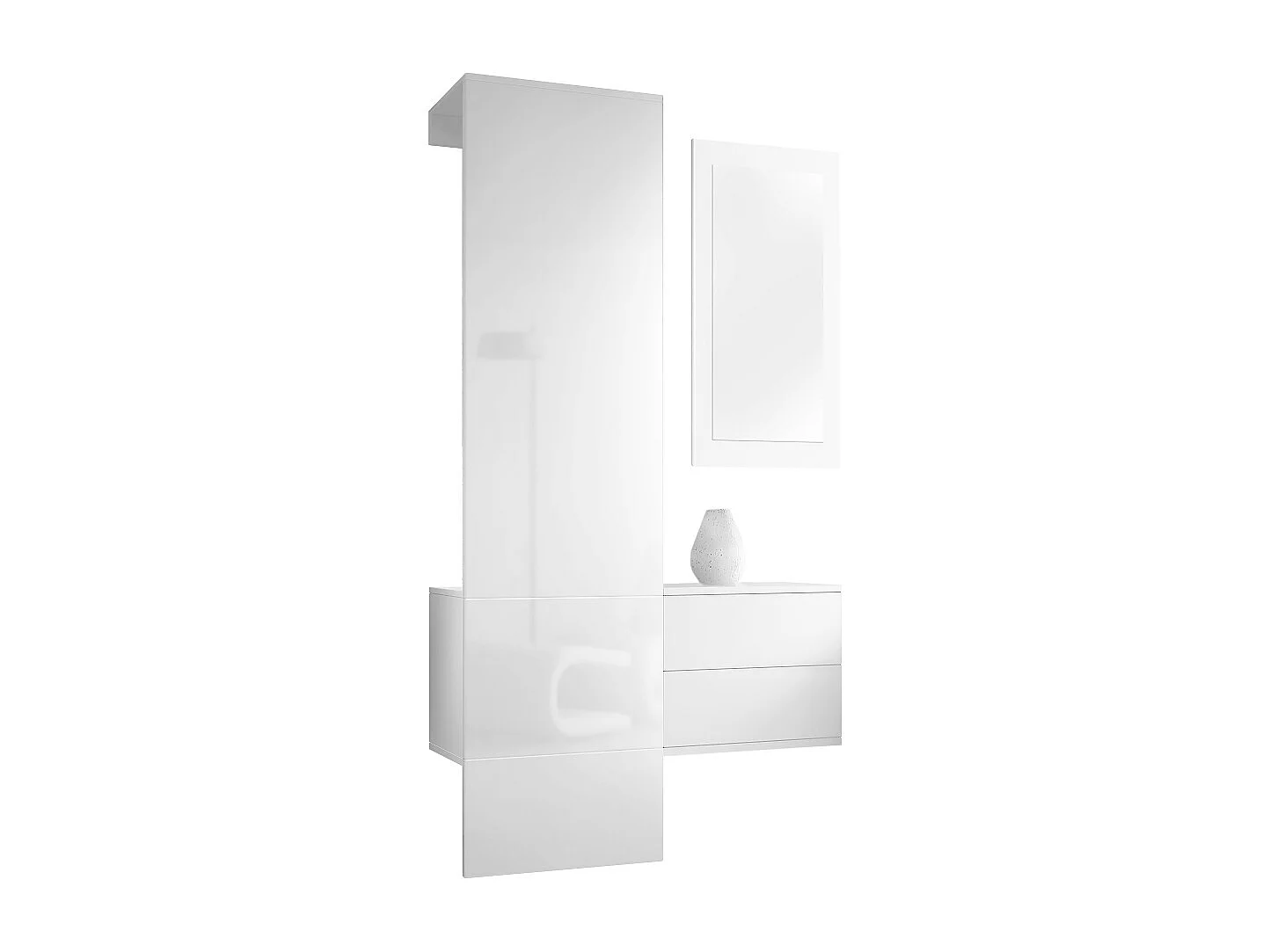 Penderie Carlton Set 2, Meuble d’entrée comprenant 1 panneau porte-manteau, 1 coffre à tiroir et 1 miroir mural, Blanc mat/Blanc brillant (105 x 193 x 35 cm)